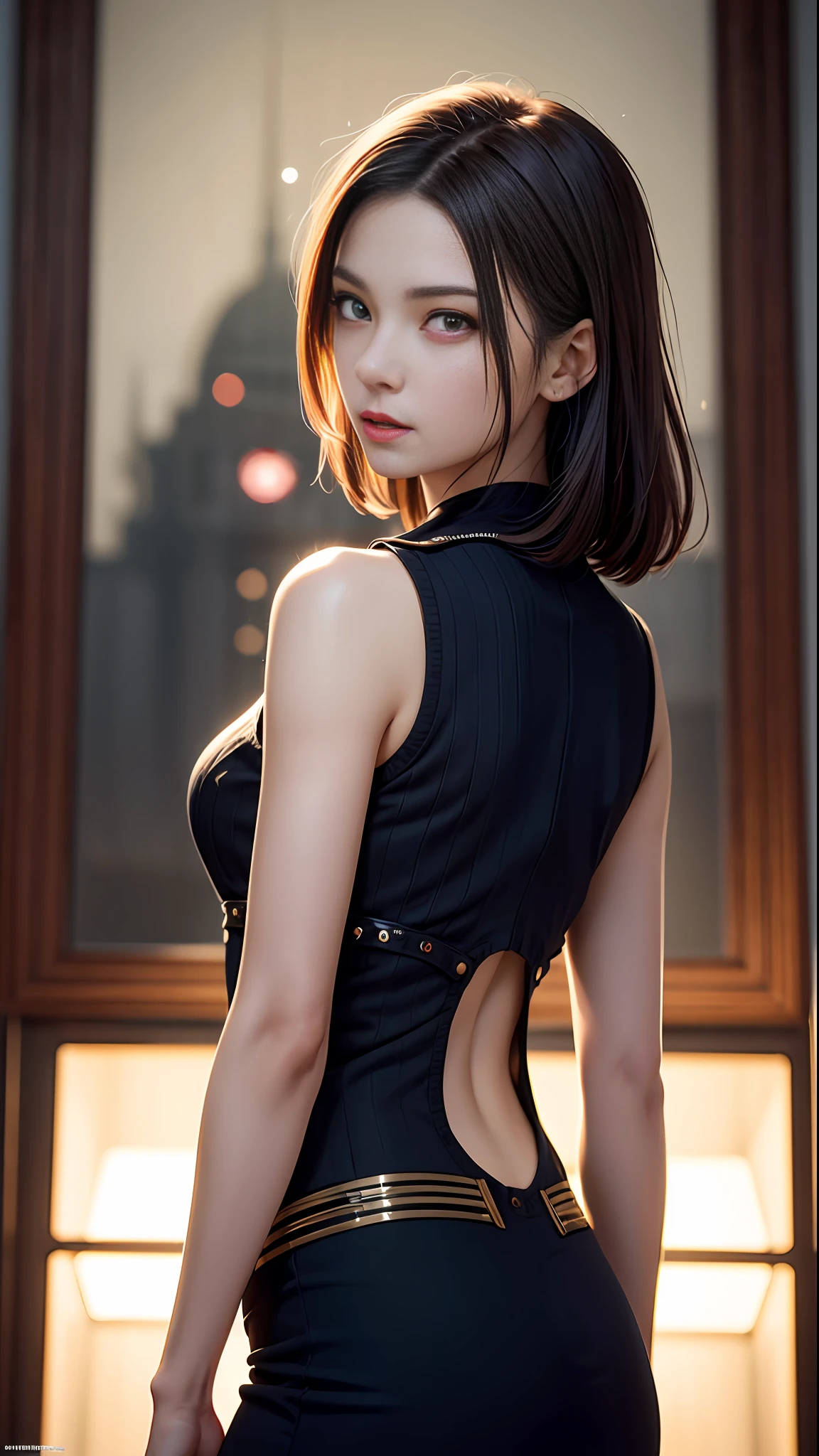Highly detailed RAW color photographs，bautiful young woman，short golden hair，dynamicpose，（Widebuttock），（Detailed skins），（Detailed lips），（Detailed eyes），（universes：1.4），（burial site：1.1），（Science fiction setting）（Detailed face），（curves），（naval uniform，full uniform），Detailed eyes，color difference，depth of ﬁeld，Gentle lighting，a masterpiece of，Best Quority，intrikate，（Lens reflections：0.7），（blossom flower：0.7），Particle effect，raytrace，Tone-mapping， highly detaile，concept-art，smoothness，Clear focus，dramatic  lighting，highly detailed art，films，Surreal painting，ArtStation Trends，8K，amazing shadows，realisticlying，（highly detailed back ground：1.2），Middle Art，cinematiccomposition，looking looking at viewer。