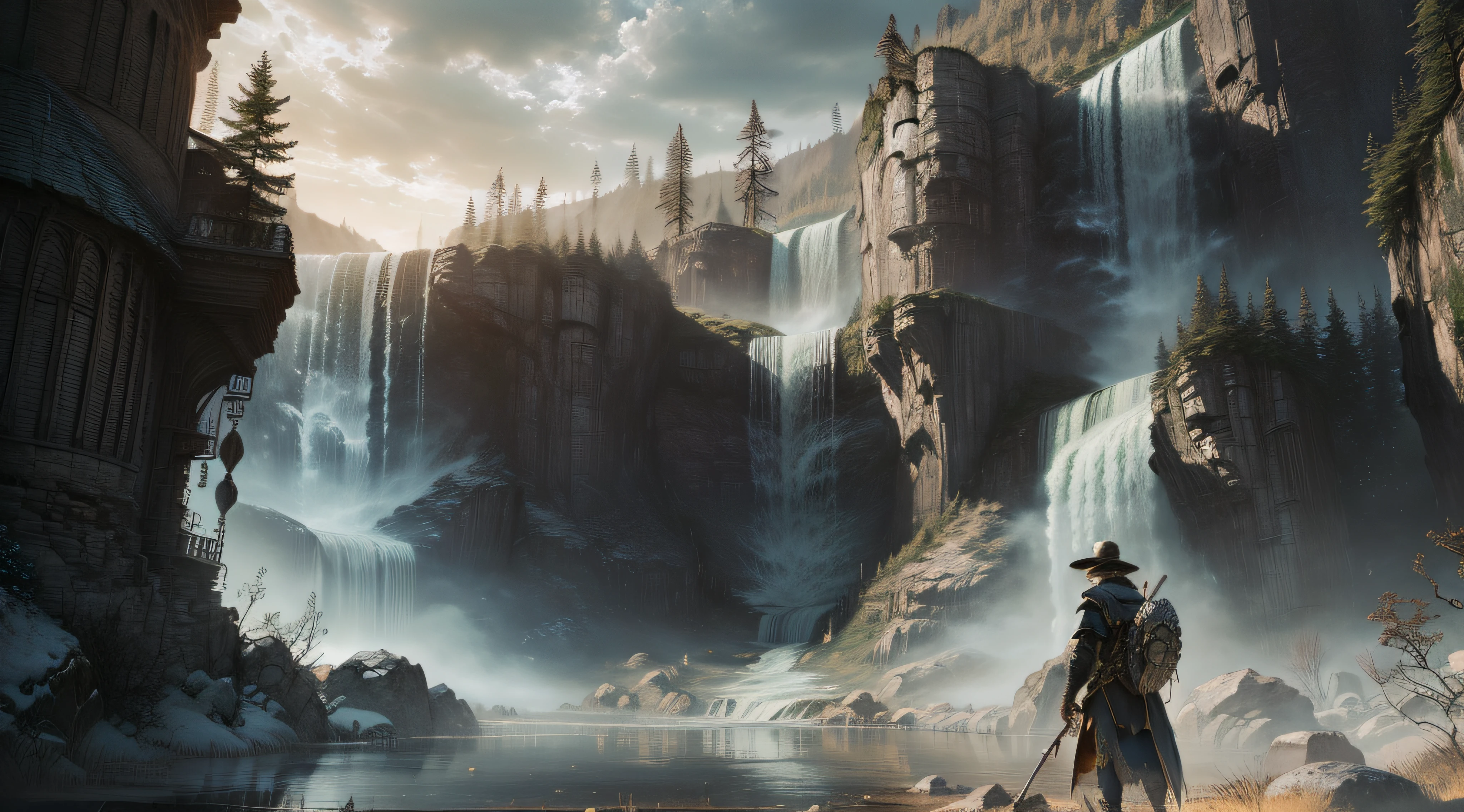(A magical forest with a stream and high waterfalls.:1.1), Motor irreal, cinematiclighting, arte conceitual, Chiaroscuro, profundidade de campo, UHD, ((super detalhe, alta qualidade, melhor qualidade, preciso, 16k)),1772Pixels-1280Pixels, natural scenery, fora, HDR, ornamentado, alto detalhe, detalhes intrincados, hiperdetalhado:1.15, fundo detalhado, Water and paint, (estilo de (Greg Rutkowski:1.0) e (Darryl Zabrocki:0.8) e (Andreas Rocha:0.8):1.2), rochas gigantescas, sky with clouds, ..lua, piso, Planetas,