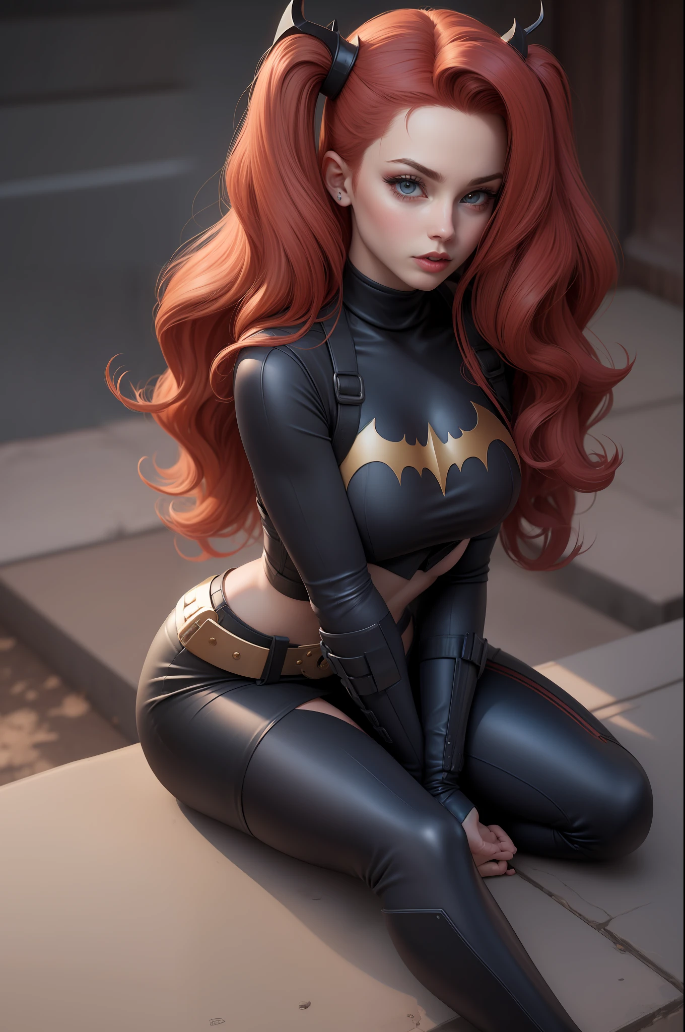 sexy batgirl cabelo vermelho longo e olhos azuis, faixa de cabelo preto, croptop branco, mangas curtas, capa vermelha, blue pencil skirt, botas vermelhas, luvas brancas