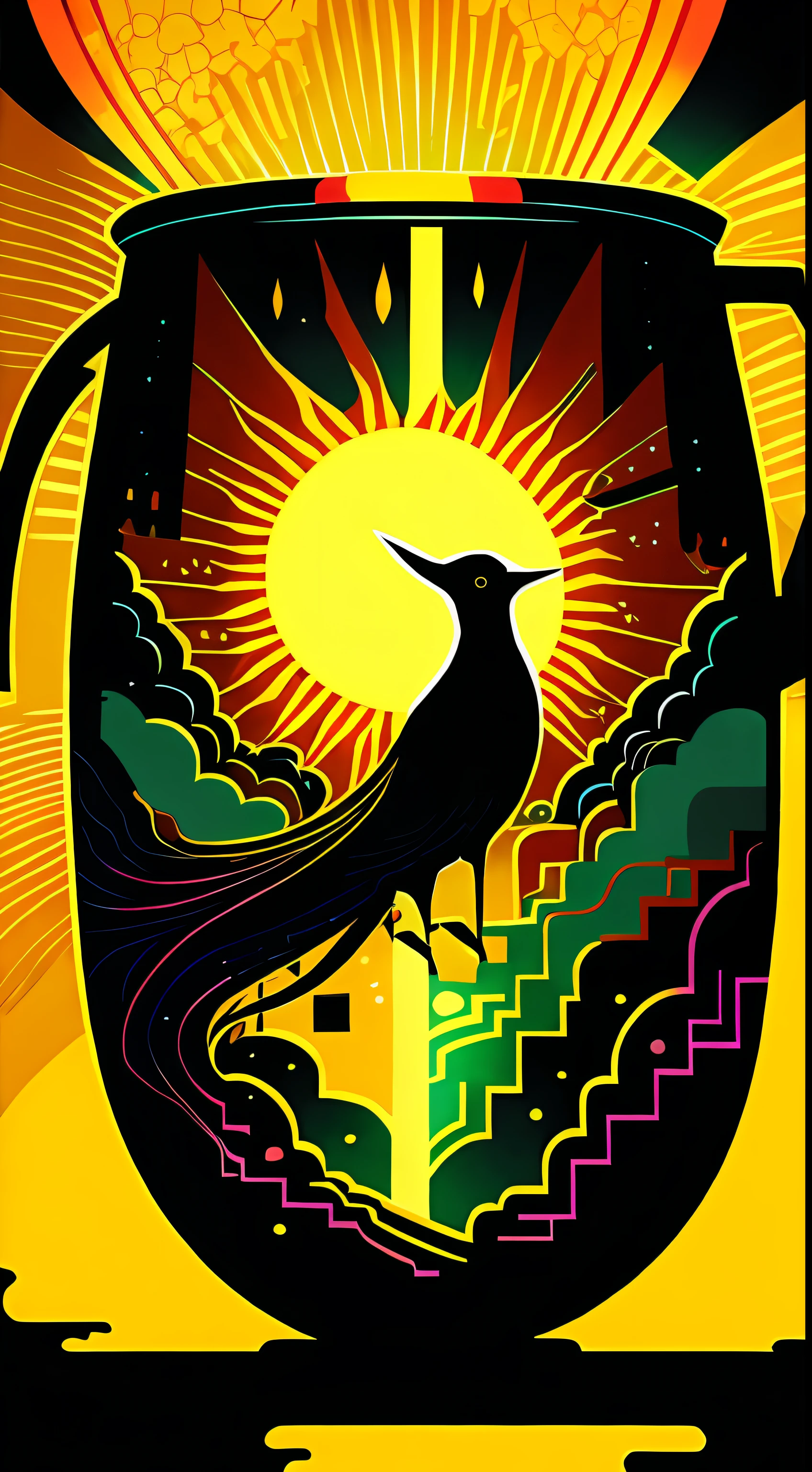 (masterpiece,4K,ultra detali,OriginalPhoto:1.2),illustratio,
(beer mug:1.4),(No characters),
(simplebackground,Fluorescent color and black background:1.4),
(symetry:1.2),
(art-deco:1.4),
(retro-futuristic:1.4),
(Maximalism:1.4),
(Cleanliness:1.4),
(Flat_color:1.4),
(sun beam:1),
CCDDA art style