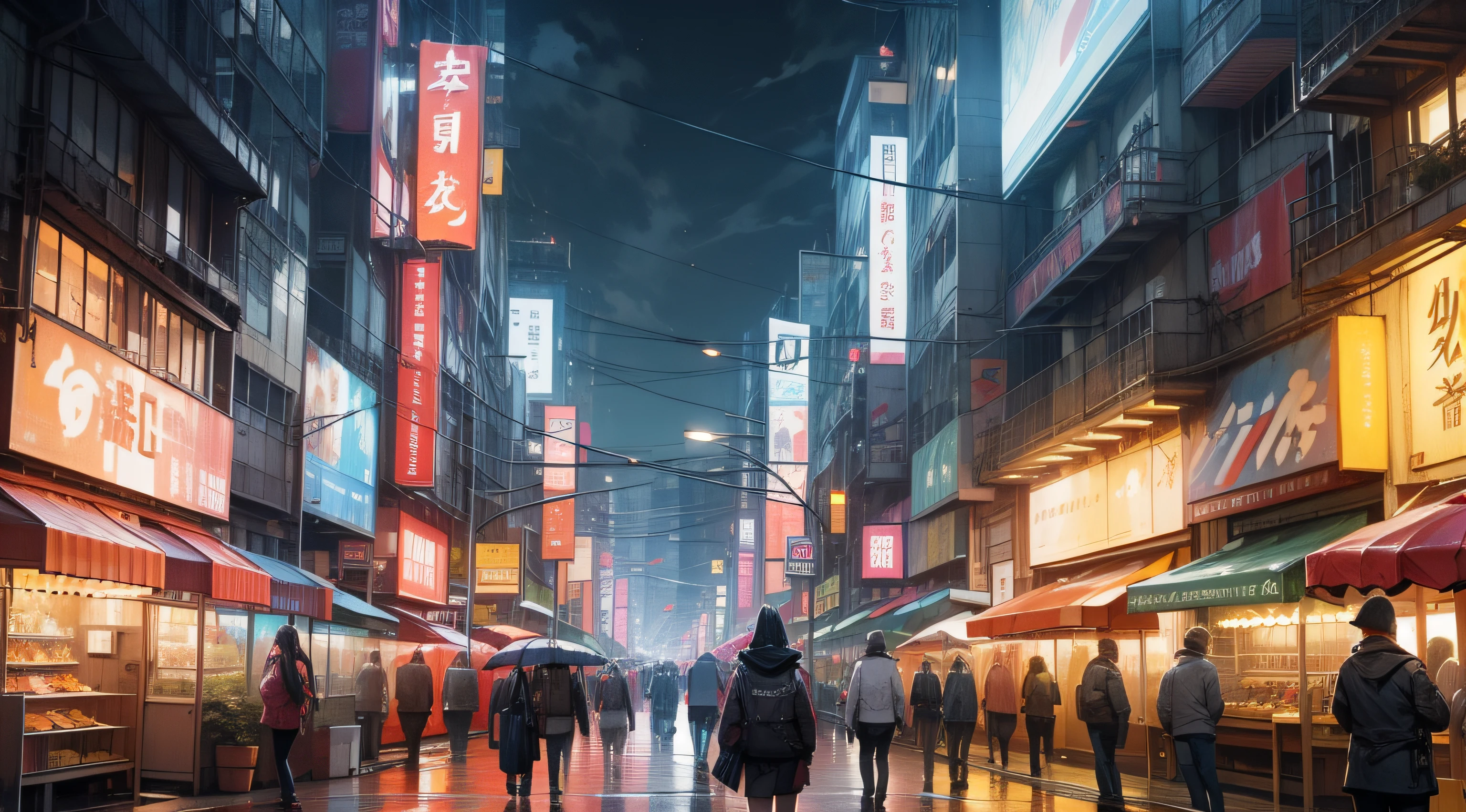 Rua Cyberpunk, com varias propagandas em japones em LEDs e NEONs, Chuva, people walking with umbrellas on the sidewalk. --auto