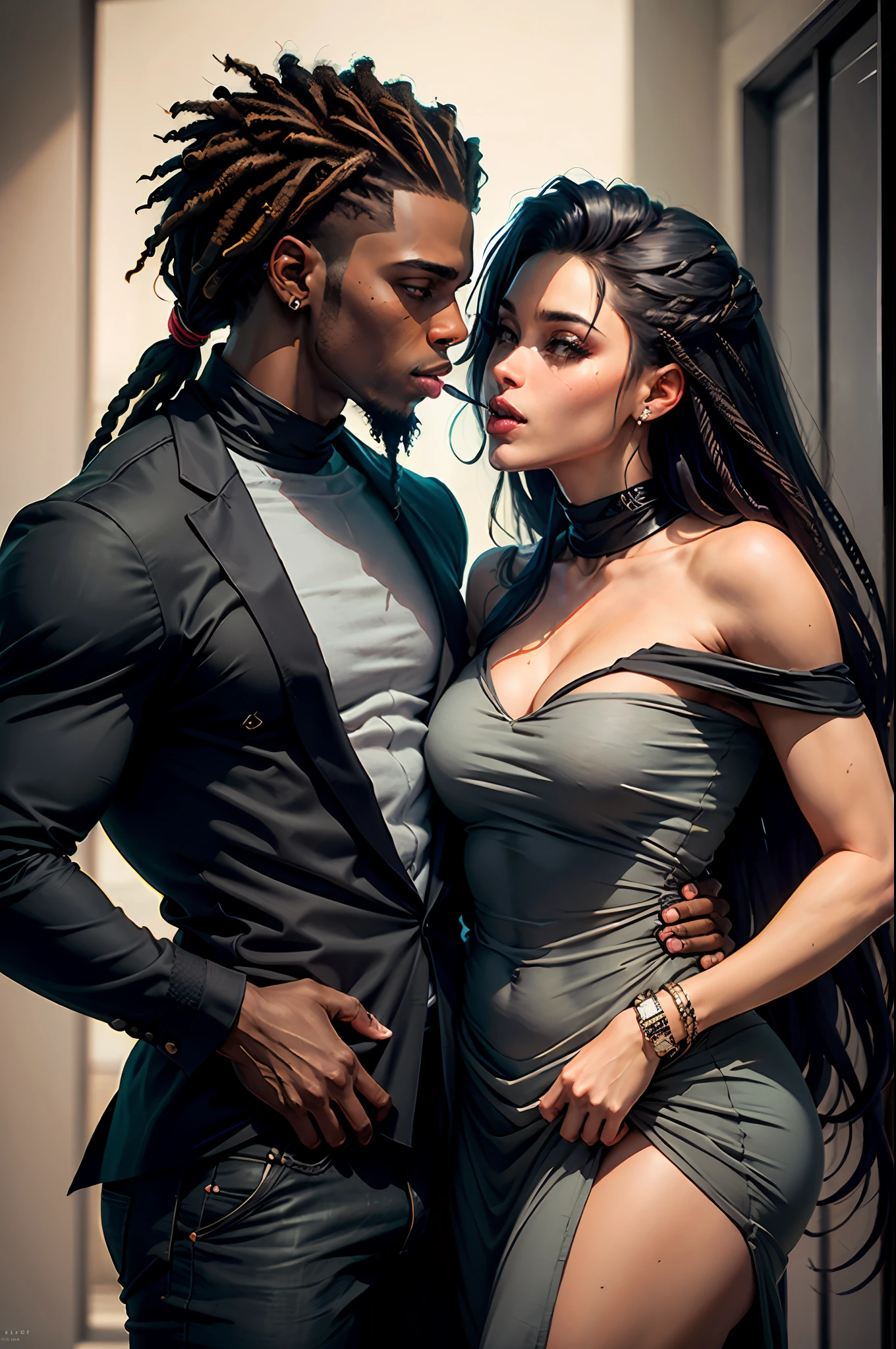 Romantic couple kissing on the mouth, linda mulher negra de terno cinza,homem negro de terno preto cabelo dreads preto raspado