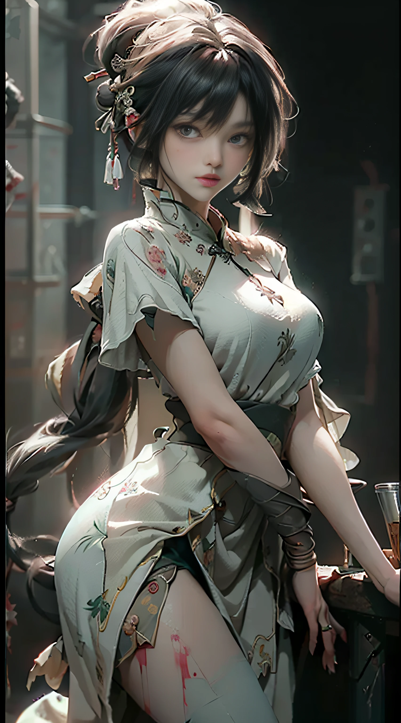 ((best quailty)), ((​masterpiece)), (the detail:1.4), 3D, Female figure,hdr（HighDynamicRange）,War-damaged maiden，Blood stains on the face，Blood stains on the face，Broken clothes，White cheongsam，Shawl，Broken clothes，hair messy，Arm injury，Long sword in hand，The expression is ，Green eyes，Ray traching,NVIDIA RTX,Hyper-Resolution,Unreal 5,Subsurface scatte、PBR Texture、post-processed、Anisotropy Filtering、depth of fields、maximum definition and sharpness、multi-layer texture、Albedo e mapas Speculares、Surface coloring、Accurate simulation of light-material interactioy proportioned、rendering by octane、Two-colored light、largeaperture、Low ISO、White balance、thirds rule、8K raw data、
