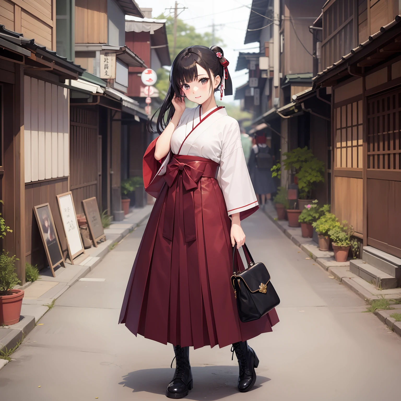 Taisho era girls、Taisho romance、modern girl、hakama、Tie a large ribbon to the hair、I wore knitted boots and leather shoes on my feet、