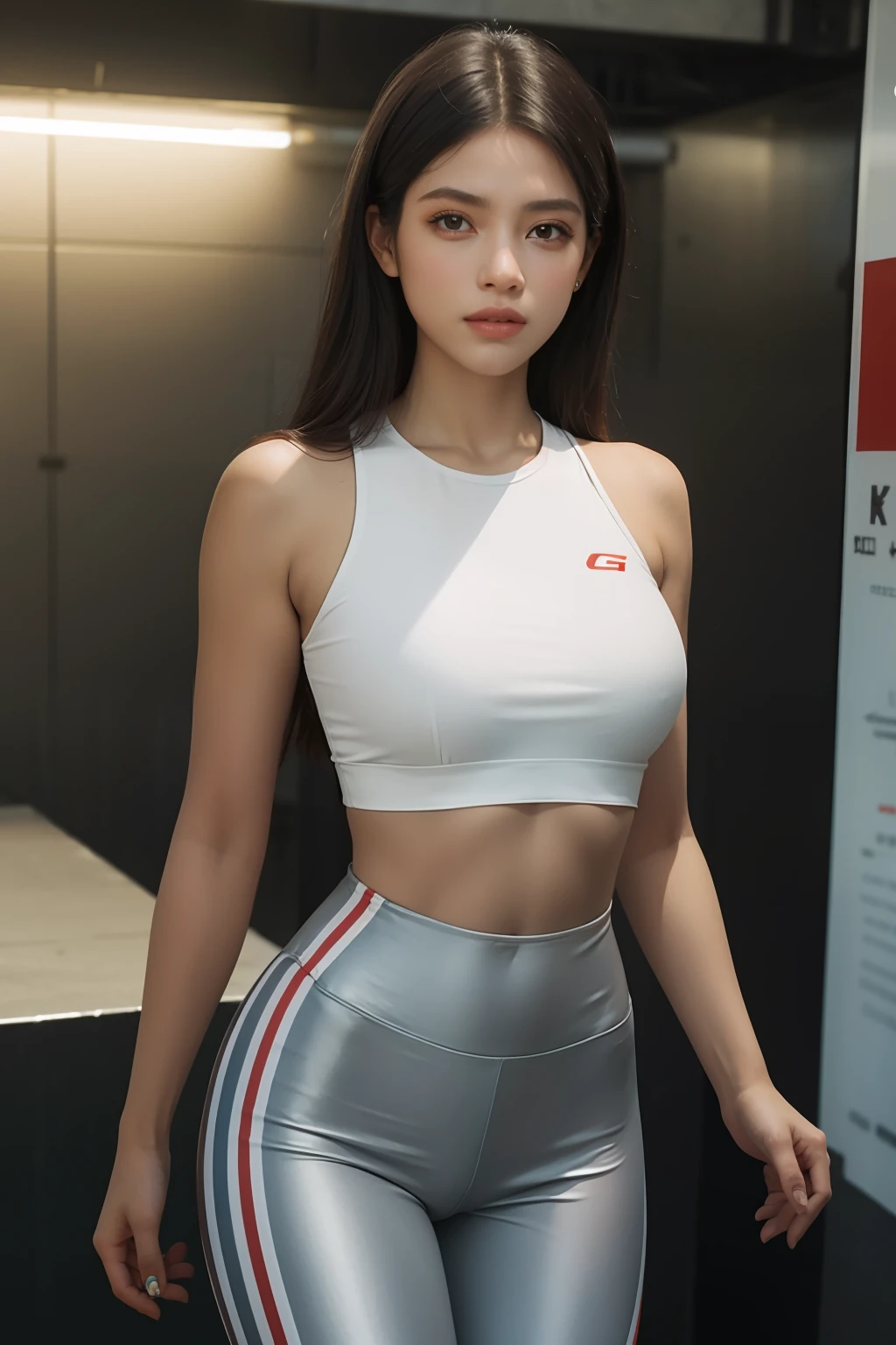 obra-prima, ultra realista, 32k, extremamente detalhado CG unidade de papel de parede 8k, melhor qualidade, 1 ebony girl, leggings brancas, jaqueta de couro, visible skin pores, rua, (grain of film: 1.2), (film overlay: 1.3), dia, racetrack background