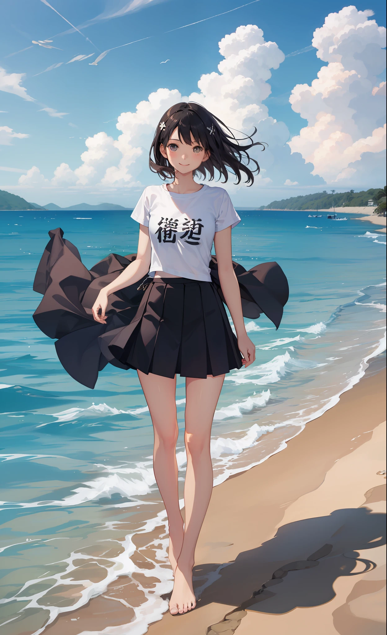 1girl in、a smile、shirts、skirt by the、(small tits)Chilarism、夏天、the ocean、sea bathing、beach、the wind、suns、(swim wears)、