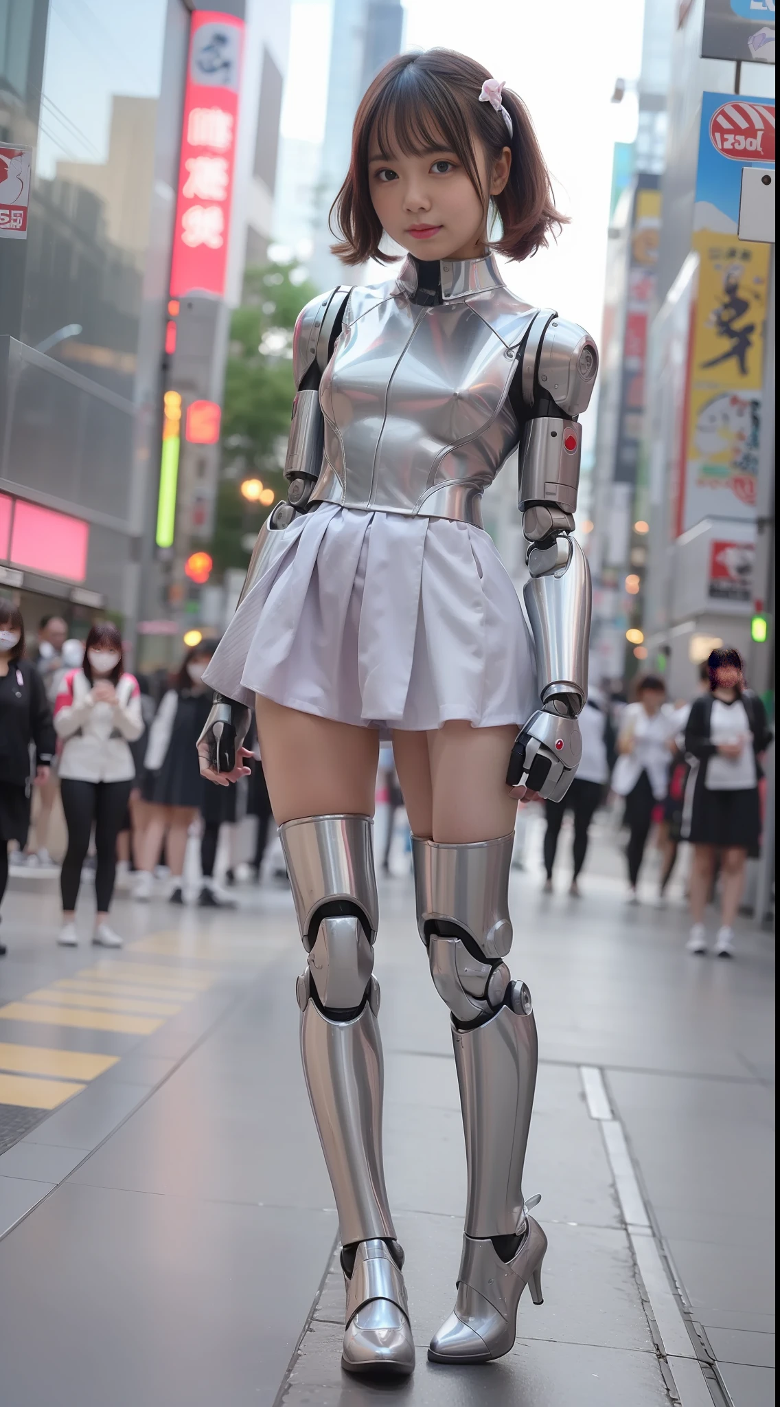 (a photorealistic:1.4)、Onegirl、(beste-Qualit),(hyperdetailed face)、(Super well-formed face)、((Robot Parts))、(Cyborg girl)、(Pink)、(Silver)、(metalic)、(fullllbody)、(Moe Pose)、(Slender body)、(TITTIES)、(Model body type)、(mecha exposure)、(akihabara)、(is looking at the camera)、(dark-haired)、(９Head and body)、(a small face)、(Idol)、(front facing)、(is standing)、(Photo session)、(Looks sad)、(Cyborg girl in stage costume)、(sleeve less)、(mini-skirts)