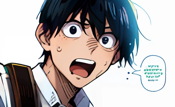 a anime of a man with a black hair, open mouth, sweat, white shirt, shocked, bag strap, color manga, manga color, color manga, color manga panel, simple background, a white background