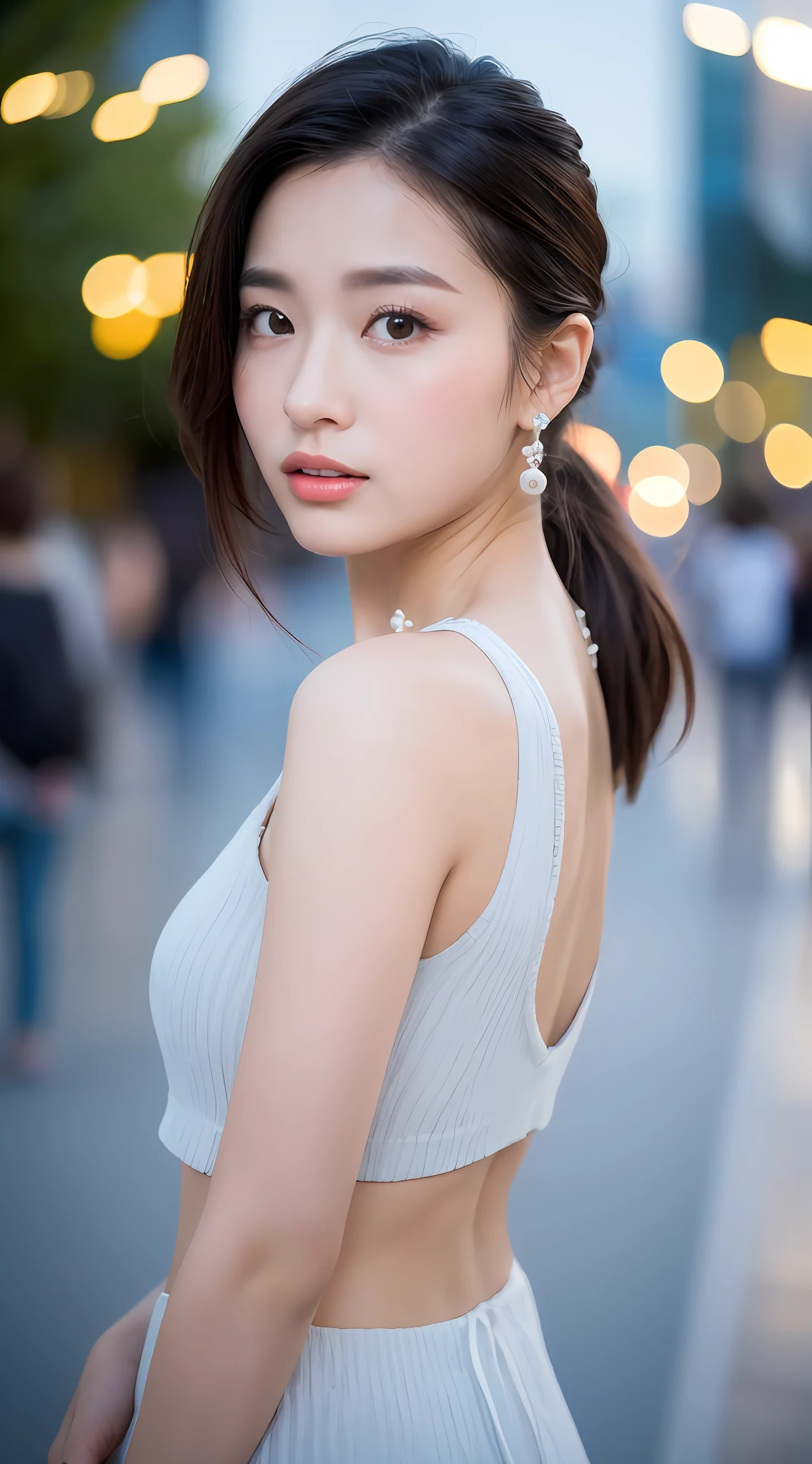 From the side, hip-up, (adilin)), side pose, random pose, nighttime, (very delicate and beautiful work), (masterpiece), for single, streetwear, high definition ponytail, distorted expression, beautiful clear eyes, blue pupils, delicate pearl necklace, delicate earrings, simple blurred background, ultra-fine depiction, beautiful, charming, ultra-fine painted, delicate face (8k, RAW photo, top quality, masterpiece: 1.2), (delicate figure, slender collarbone, nice lips, soft back, mix4), (realistic, photorealistic: 1.37), girl, cute, cityscape, night, rain, humidity, professional lighting, photon mapping, radiosity, physically based rendering, waist circumference