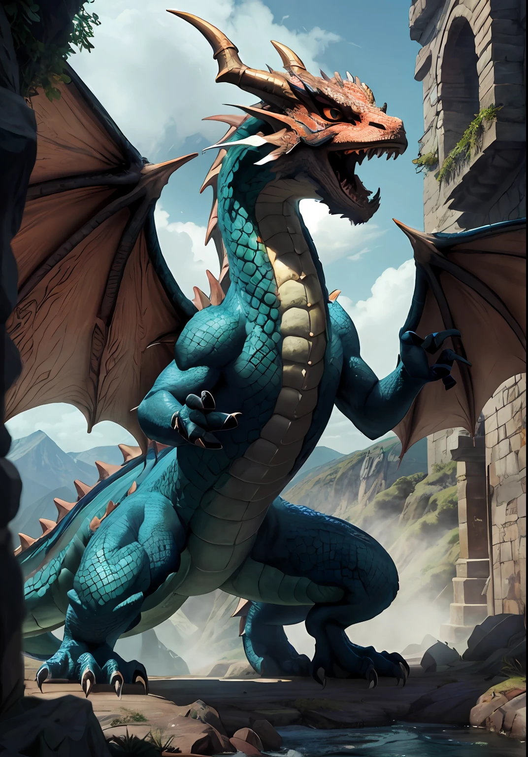 (1dragon) azul verde e coral com asas abertas em cima de um castelo que esta numa montanha , obra-prima, melhor qualidade, ultra qualidade, detalhes absurdos, melhor luz, melhor sombra, clear, sharped image, detalhado, extremamente detalhado, great resolution, 8k, 4k, uhd, ray tracing, (efeitos bonitos), (Detailed dragon)