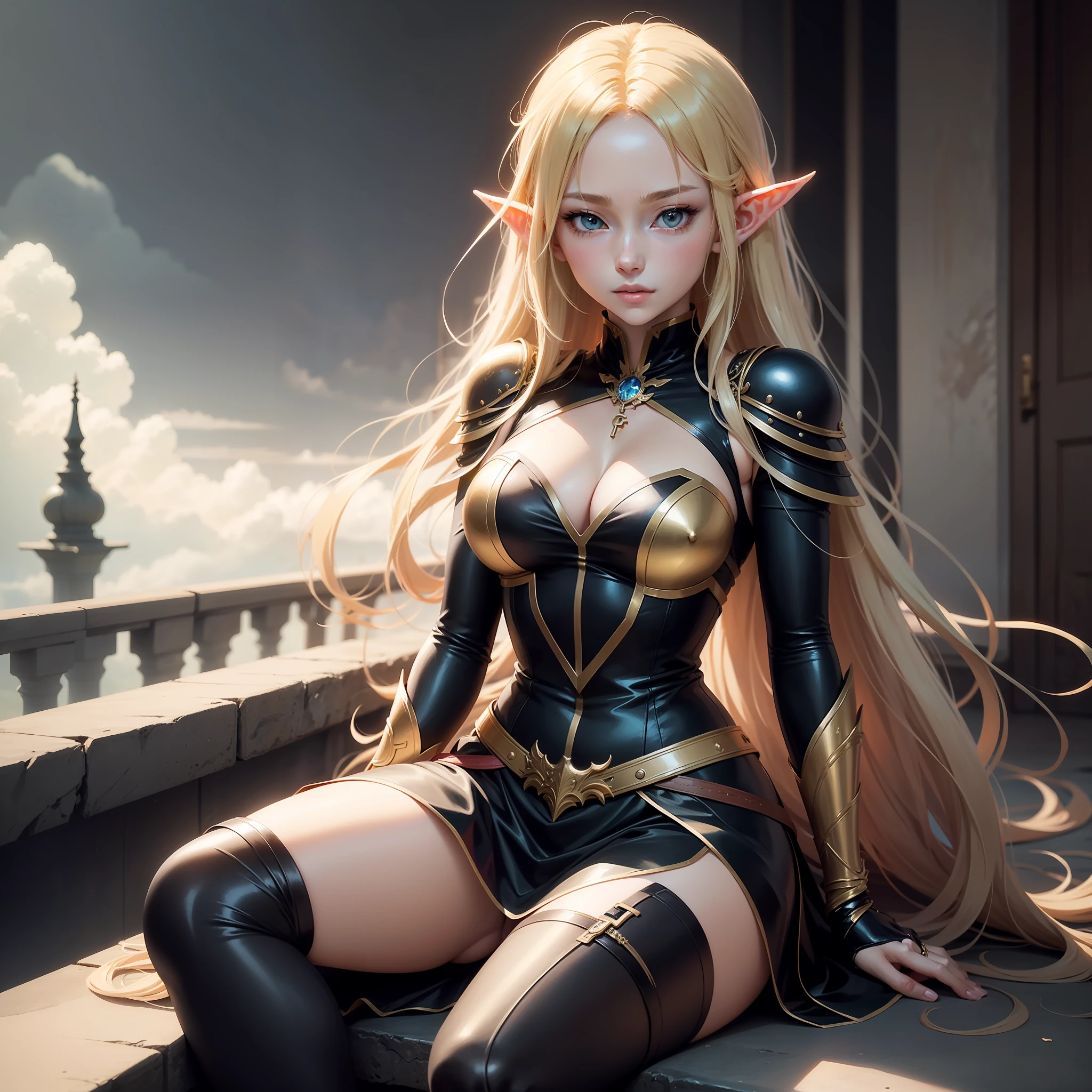 a woman in a black and gold outfit sitting on a ledge, blonde anime girl with long hair, anime goddess, portrait of a female anime hero, alluring elf princess knight, seductive anime girl, female anime character, beautiful alluring anime woman, official anime artwork, anime girl with long hair, key anime art, epic light novel art cover