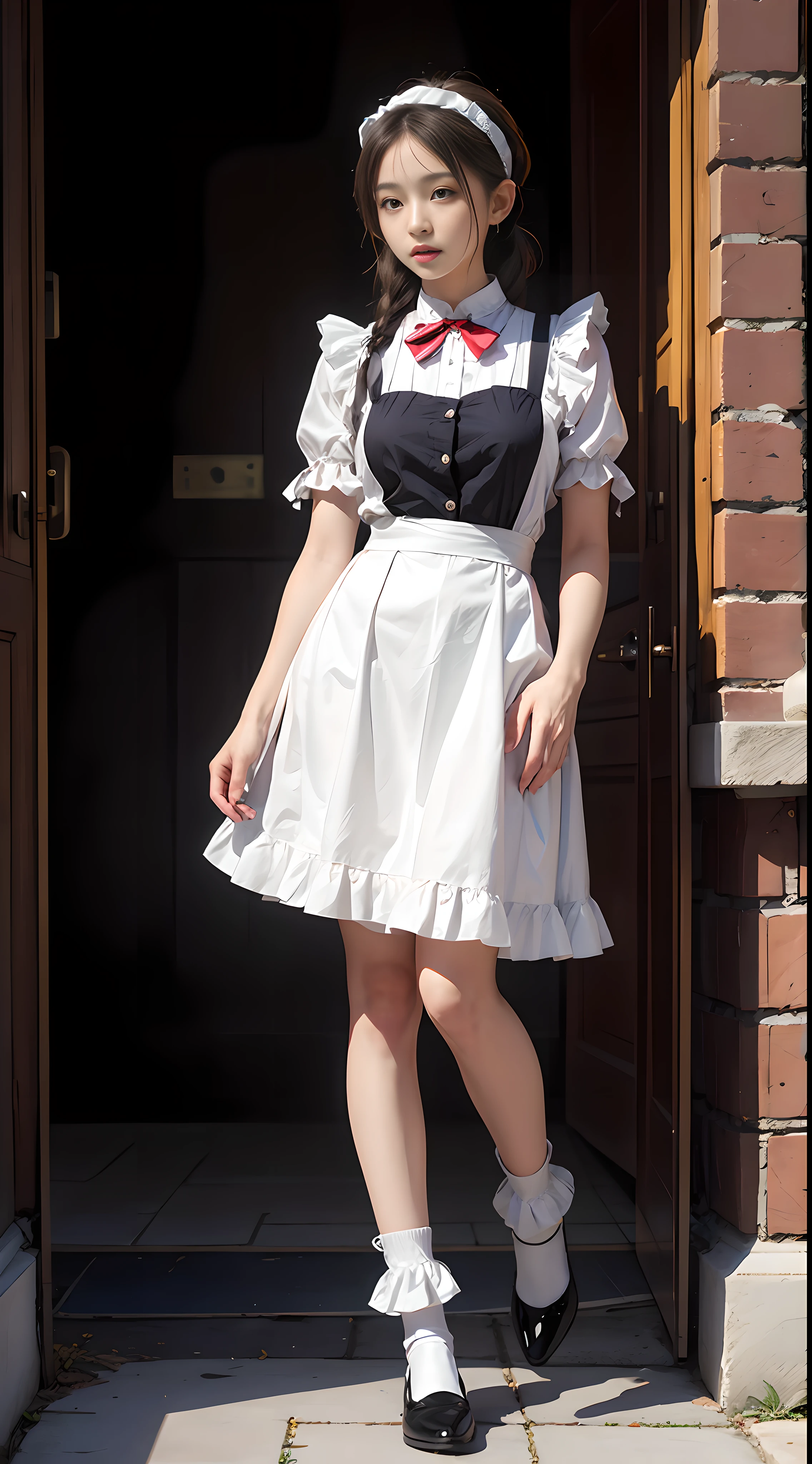 beste-Qualit、masterpiece、Super-High Resolution、(a photorealistic:1.4)、Raw photo、1人、British Made、Maid headband with frills、poneyTail、Braiding hair、frilled blouse、Ribbon Ties、pinafore、long skirt、puff sleeves、White silk ankle socks with frills、shining skin、is standing