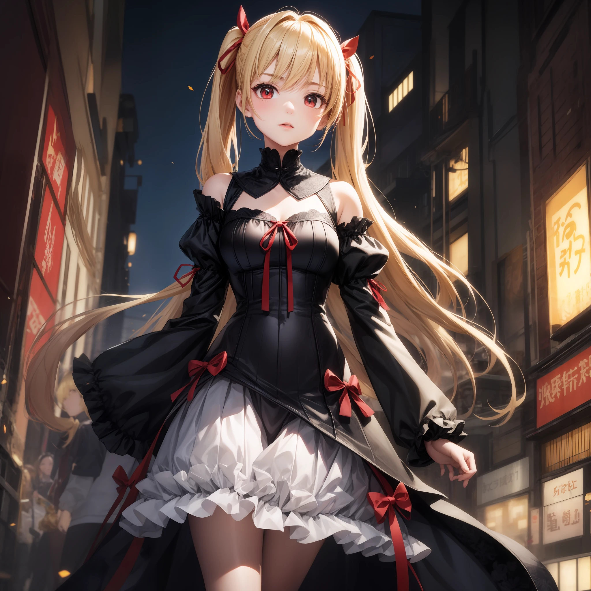 animated cartoon、One blonde girl with red eyes、Clothes with frills、poneyTail、Red ribbons、