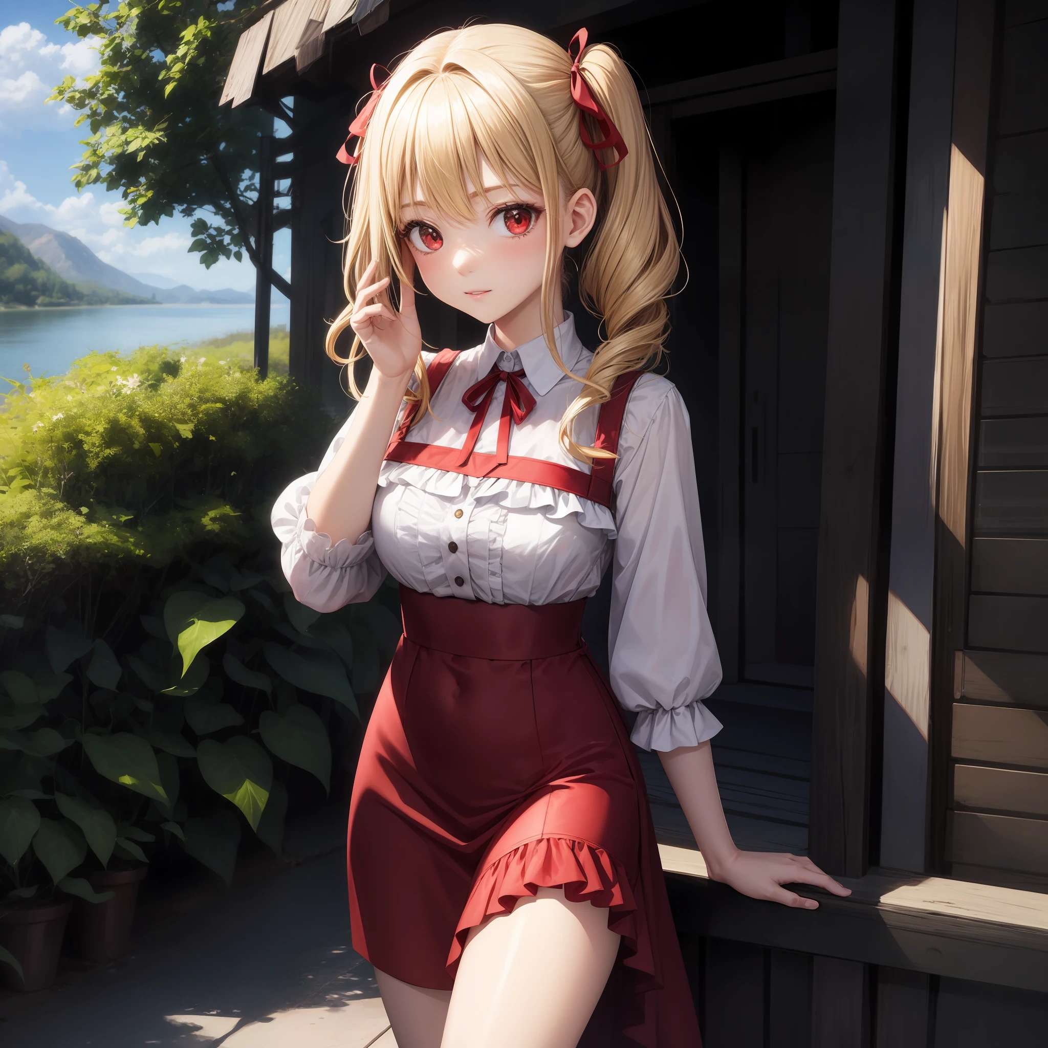 animated cartoon、One blonde girl with red eyes、Clothes with frills、poneyTail、Red ribbons、