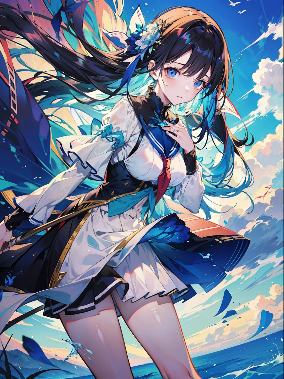 Imagine a captivating anime scene where a girl stands gracefully at the top of a sail, soaring high above a vast, azure sea. This 8k high-quality artwork showcases the beauty of the landscape as she embraces the wind, her vibrant hair flowing in the breeze. Let the serene ambiance and the girl's adventurous spirit transport you to this mesmerizing anime moment.