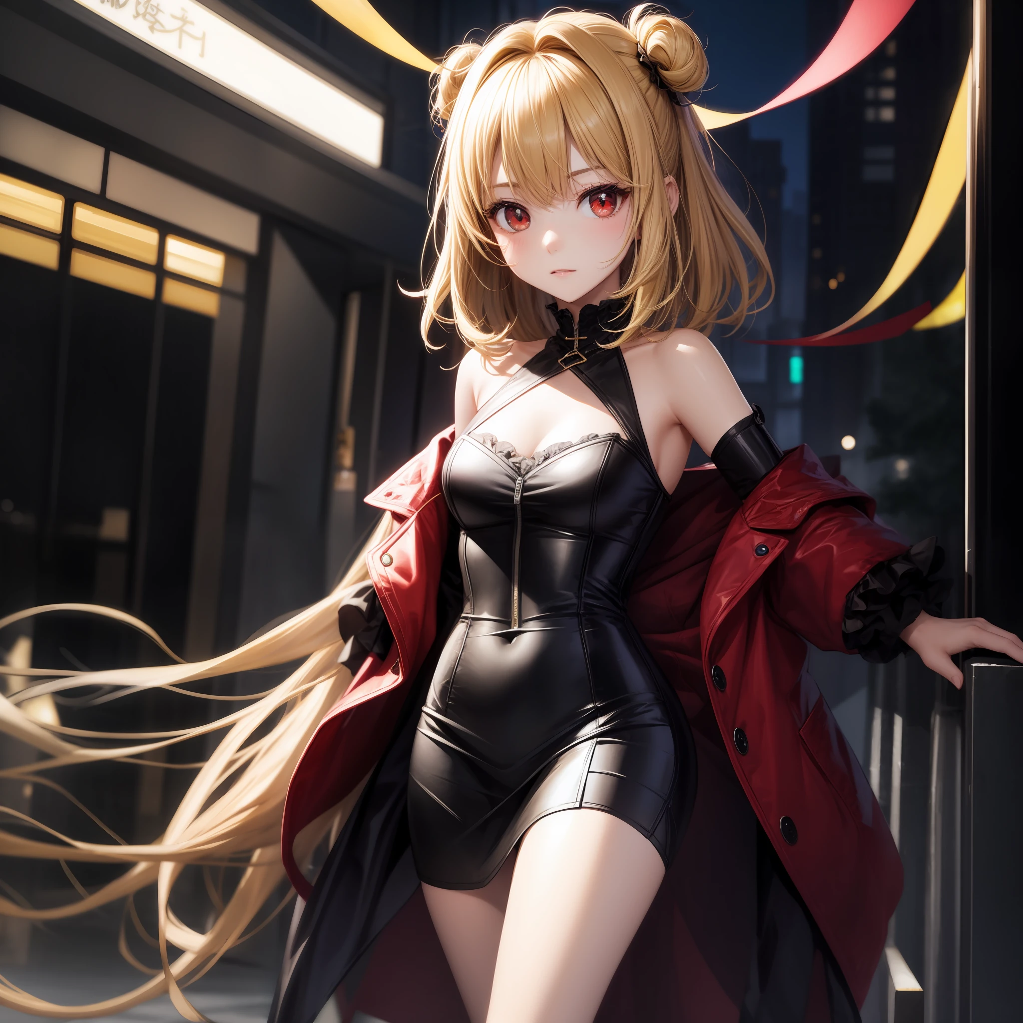 animated cartoon、One blonde girl with red eyes、Clothes with frills、