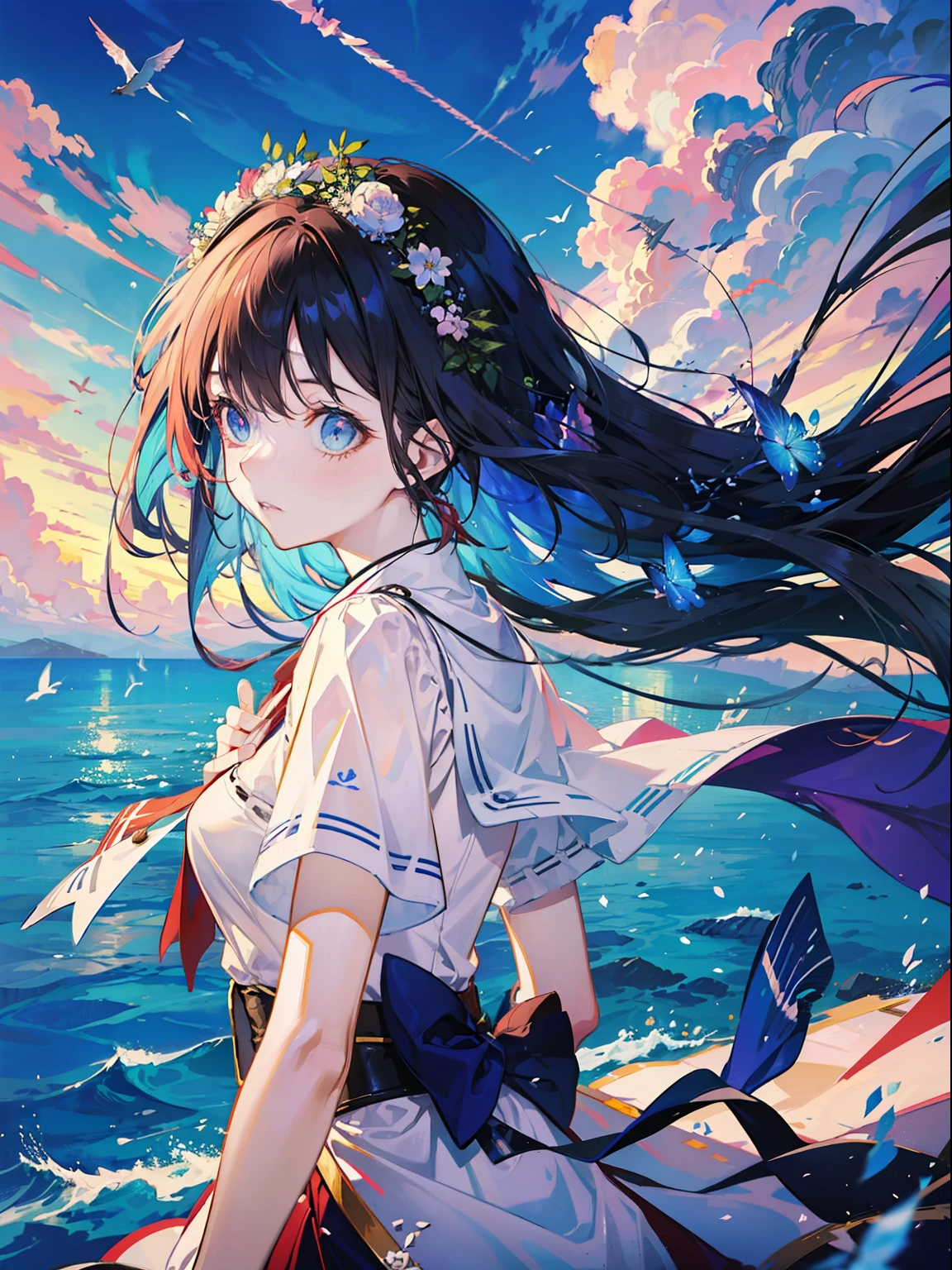 Imagine a captivating anime scene where a girl stands gracefully at the top of a sail, soaring high above a vast, azure sea. This 8k high-quality artwork showcases the beauty of the landscape as she embraces the wind, her vibrant hair flowing in the breeze. Let the serene ambiance and the girl's adventurous spirit transport you to this mesmerizing anime moment.
