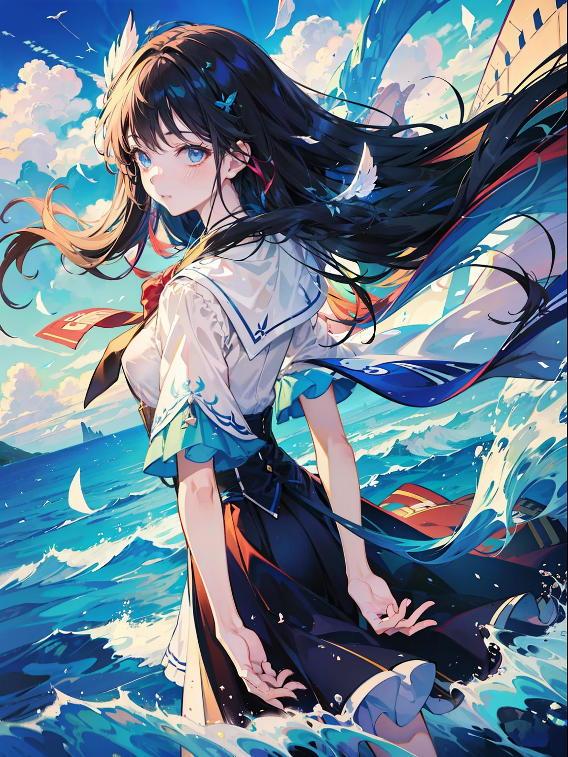 Imagine a captivating anime scene where a girl stands gracefully at the top of a sail, soaring high above a vast, azure sea. This 8k high-quality artwork showcases the beauty of the landscape as she embraces the wind, her vibrant hair flowing in the breeze. Let the serene ambiance and the girl's adventurous spirit transport you to this mesmerizing anime moment.