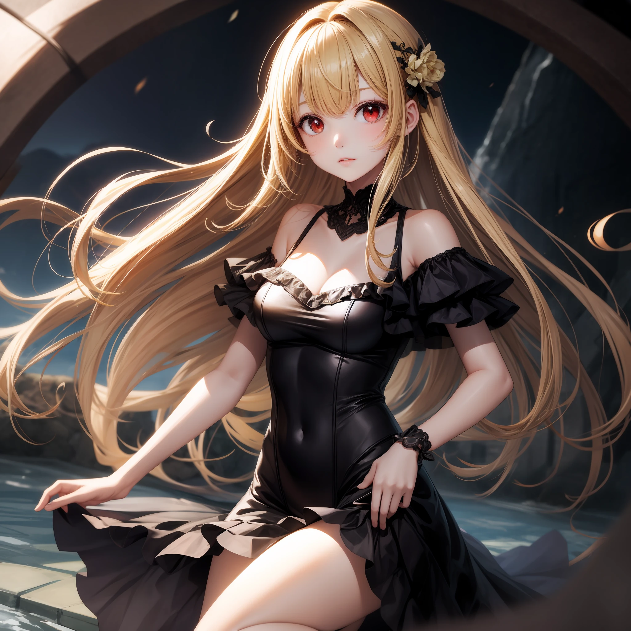 animated cartoon、One blonde girl with red eyes、Clothes with frills、