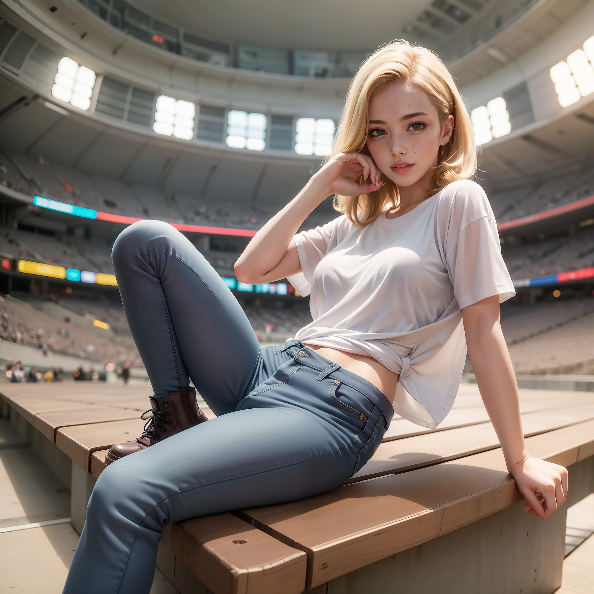 Foto de corpo todo katwin (30 anos, pale skin and freckles, delicate lips, olhos cinzas, pele detalhada, cabelo blondie cinza) camisa de time Rangers, black jeans pants, bota de couro preta, sitting in a stadium chair, feliz, sorriso lindo, cativante, modelshoot, Very realistic photo, sexy, hdr, 8k, luz natural