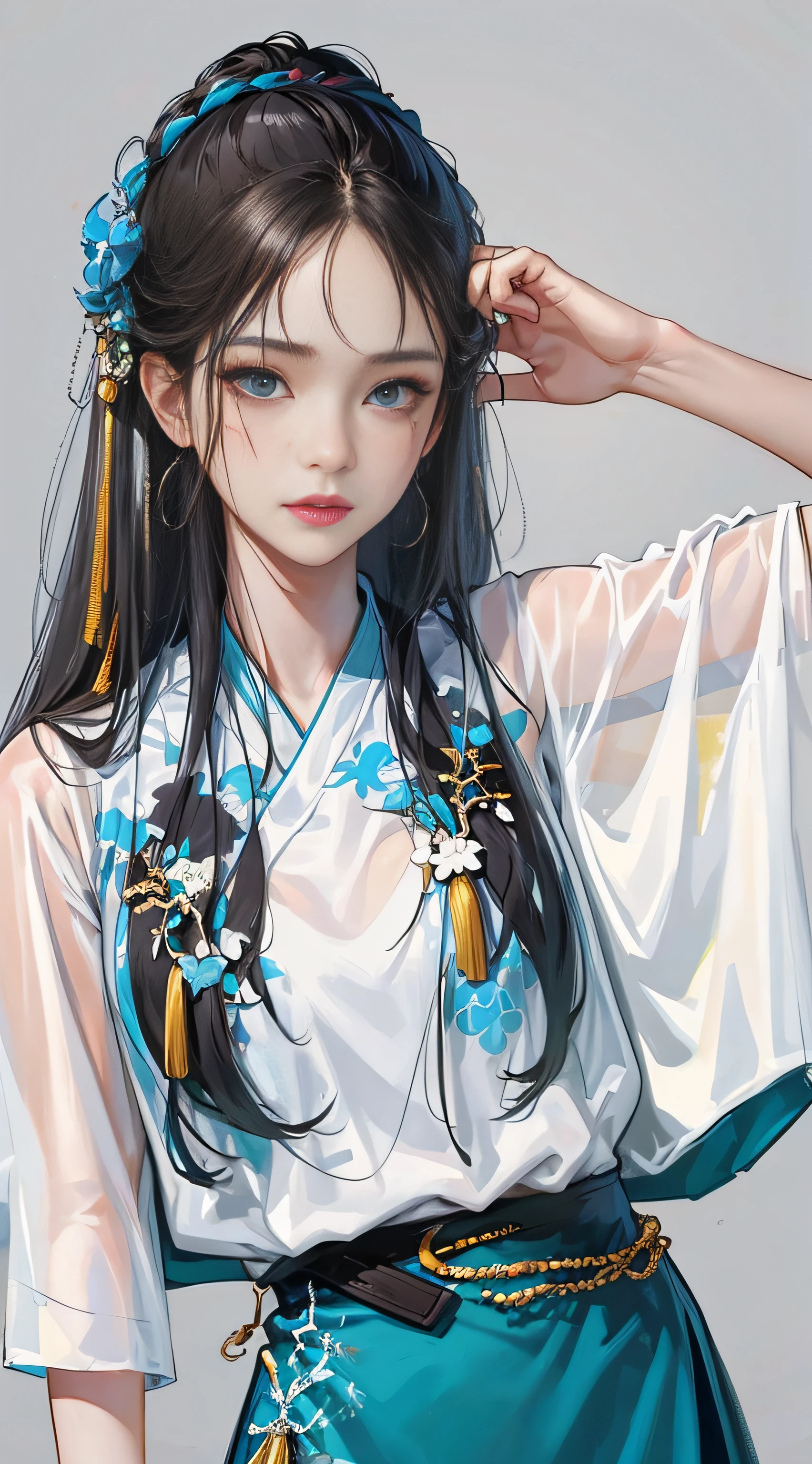 1girl, (hanfu), sidelighting, wallpaper, masterpiece, superlative, night, outdoor, rainy day, branches, chinoiserie, ancient china, 1 woman, mature woman, silver-white long-haired woman, gray-blue eyes, pale pink lips, indifference, seriousness, bangs, assassin, sword, white clothes, blood, violence, death, injury, blood, facial blood, massive blood, facial details, facial details