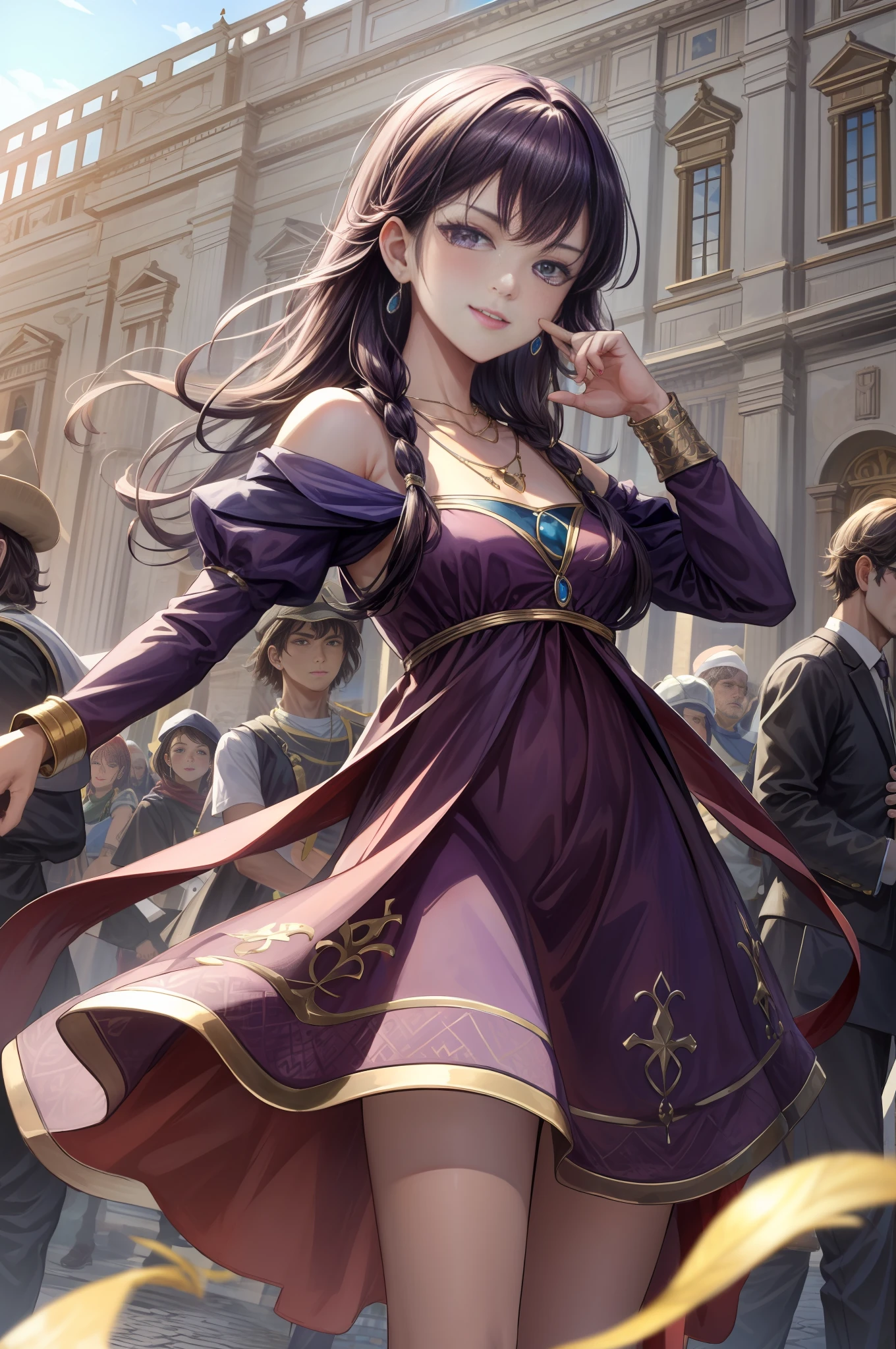 masterpiece, 4K, best quality, FELute, necklace, purple dress, (on the St. Peter's Square of Vatican,crowd),bracers, cowboy shot, looking at viewer, smirk, hand up