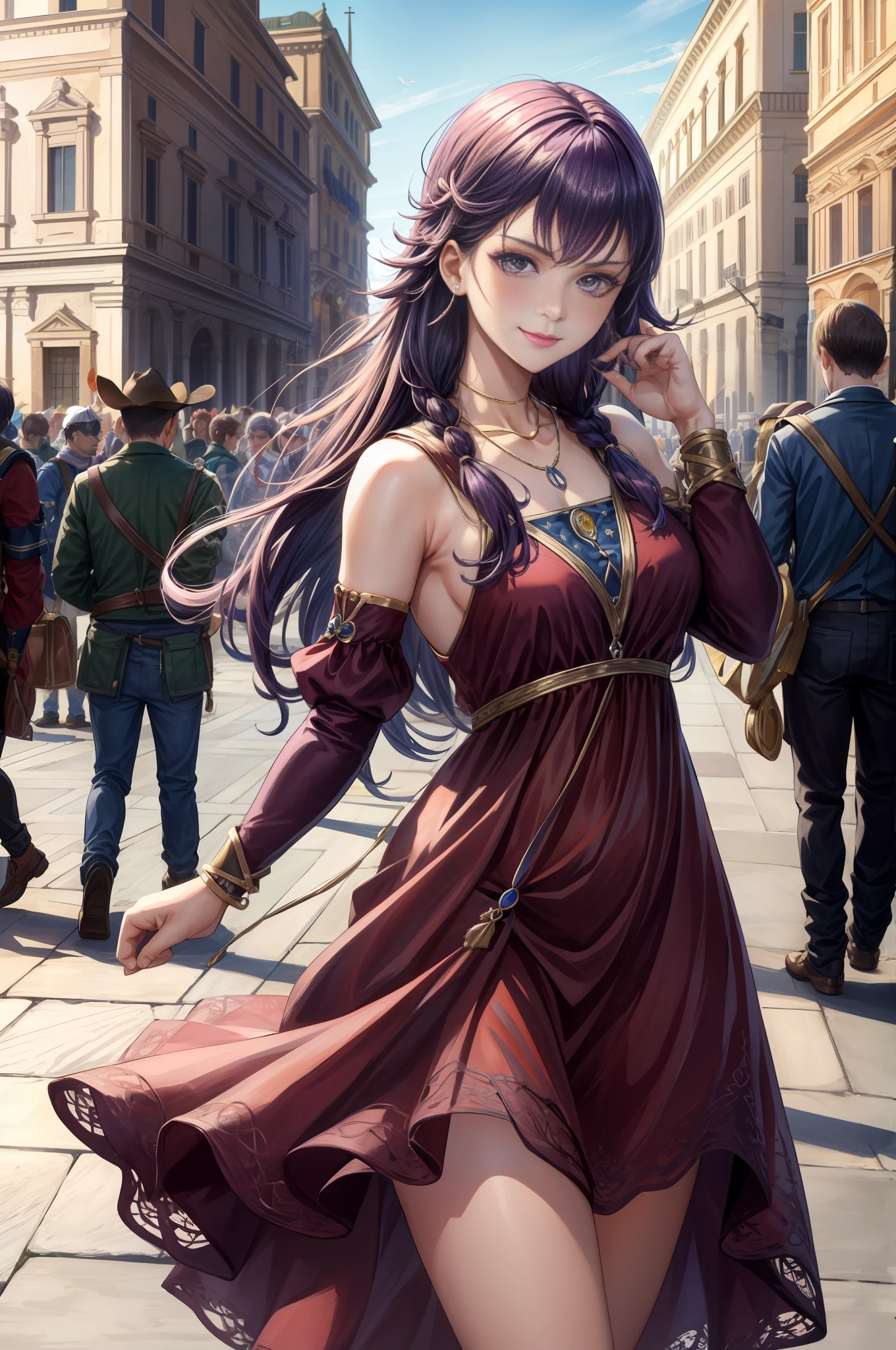 masterpiece, 4K, best quality, FELute, necklace, purple dress, (on the St. Peter's Square of Vatican,crowd),bracers, cowboy shot, looking at viewer, smirk, hand up