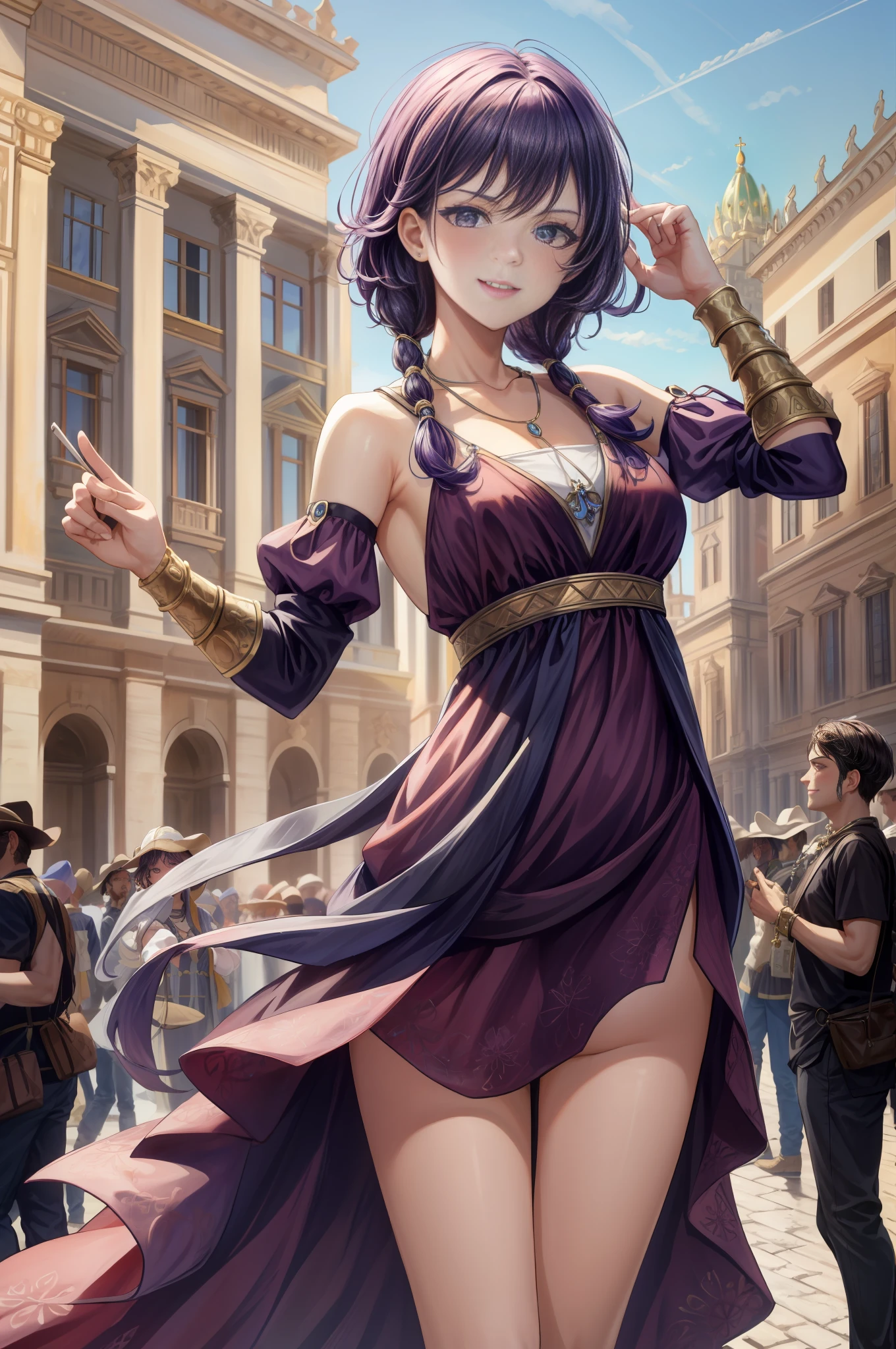 masterpiece, 4K, best quality, FELute, necklace, purple dress, (on the St. Peter's Square of Vatican,crowd),bracers, cowboy shot, looking at viewer, smirk, hand up