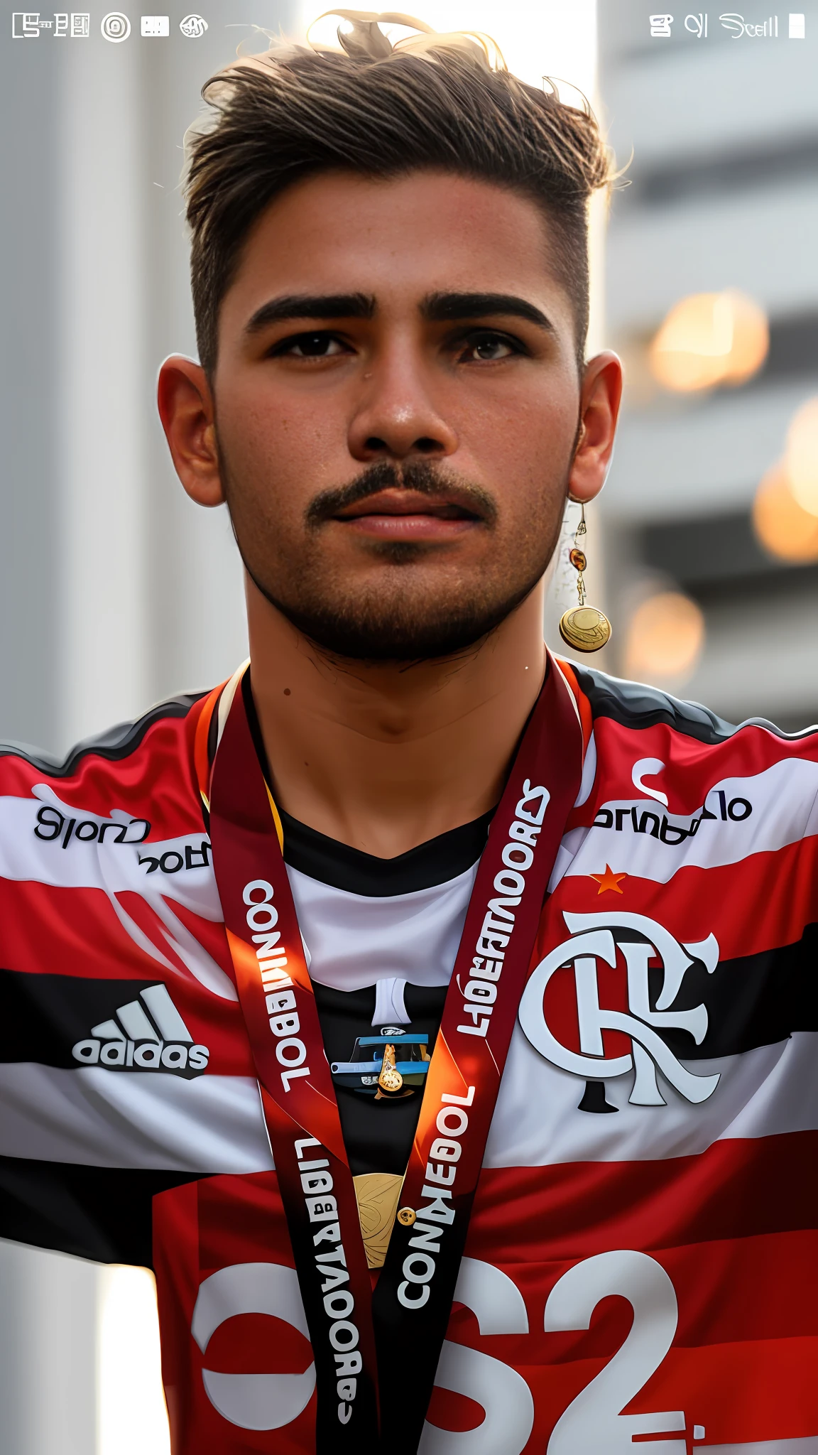 A closeup of a man with a medal around his neck,com uma camisa do clube de regatas do flamengo,na final da libertadores de 2019