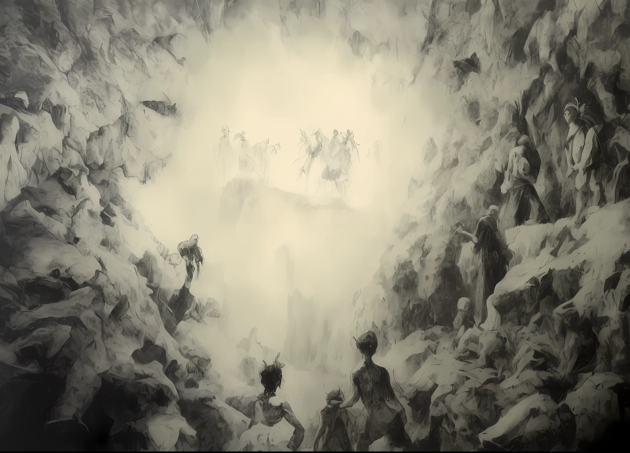 Draw a group of people in a cave,Two glowing fairies in front of them, dante's inferno painting, Karel Steck, gustave dore, Frandisek Kavan,