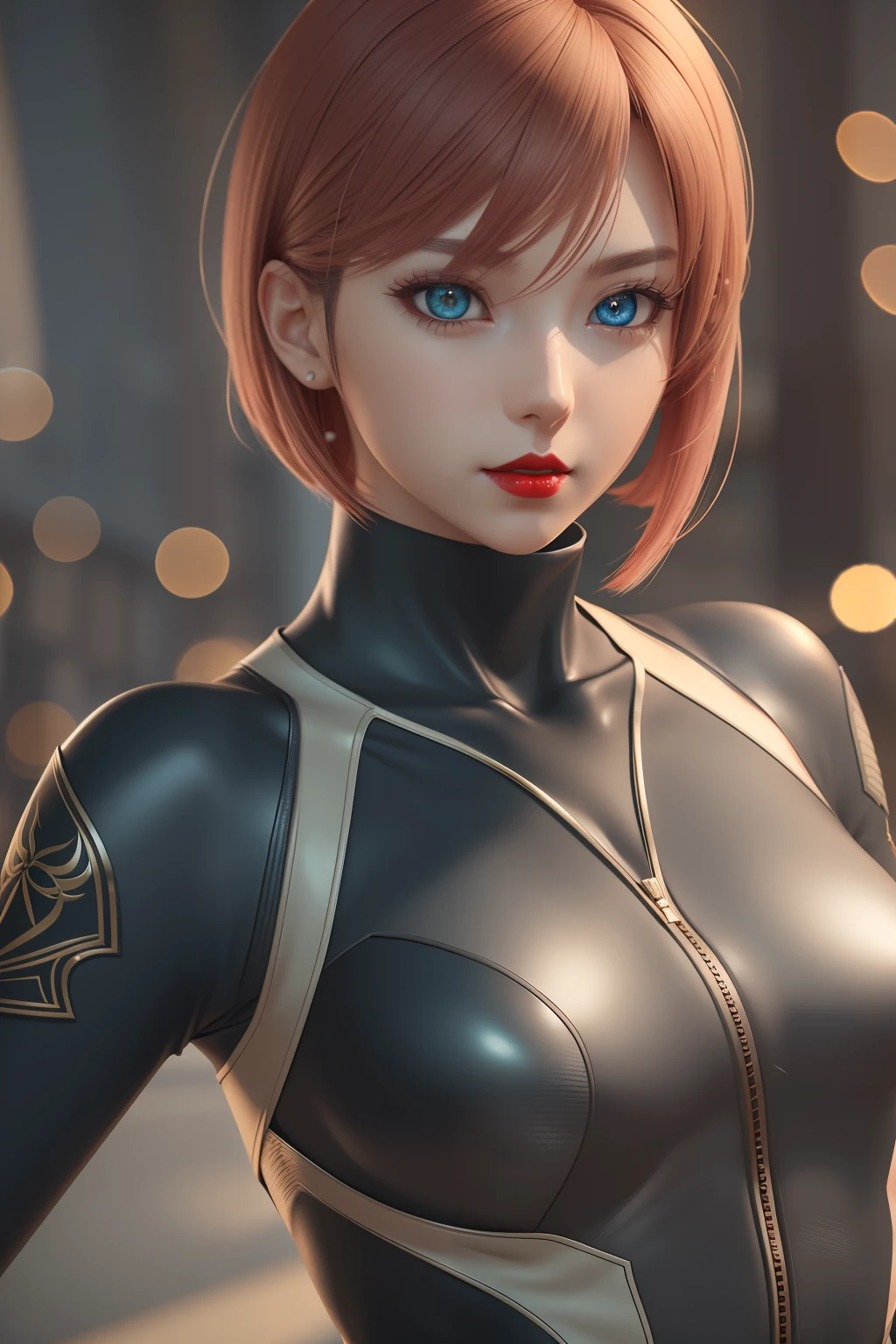 Beauty anime girl /// (Character) wearing detailed combat body suit with scarf, upperbody shots, detailed skin, face sharp focus, detailed eyes and pupils (and red lips), detailed bob cut hair, intricate details and sharp, masterpiece, global illumination, real shadow, bokeh, best quality, photorealistic, realistic, 8k, 3d