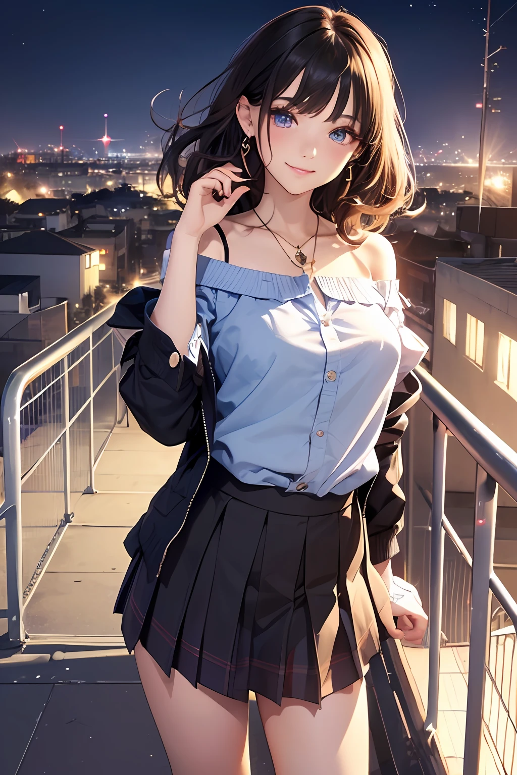 (masutepiece: 1.3), (max resolution: 1.2), (Ultra HDTV: 1.2), cinema lite, Ultra HDTV, (Detailed eyes and skin), (detailed facial features), ultgp, 8K resolution, Sharp Focus: 1.2, Perfect Style, Beautiful Face, accurate, Anatomically correct, Highly detailed face and skin texture, Detailed eyes, Dark-blue eyes, Double eyelids, Thin eyebrows, dropping eyes, (Glitter Eyeliner:1.2), Natural cheeks, Glossy skin, (Fair skin:1.2), shiny necklace and earrings, (Glossy lips: 1.4), break, absurderes, One-person viewpoint, (she is high school Student), (Wearing a Button up shirt, blazer, Pleated mini skirt), ((off-shoulder:1.3)), (shy smile:1.2), ((Innocent and very cute girl:1.3)), (Layered hairstyle, Wavy Hair), (Dark brown hair:1.2), Medium Long Hair, (Full body shot: 1.2), Focus on Face, large breasts, (looking back at viewer:1.2), ((sexy pose on Instagram:1.2)), ((In the School Rooftop:1.2)), ((background of night view:1.4)), (from behind:1.2)