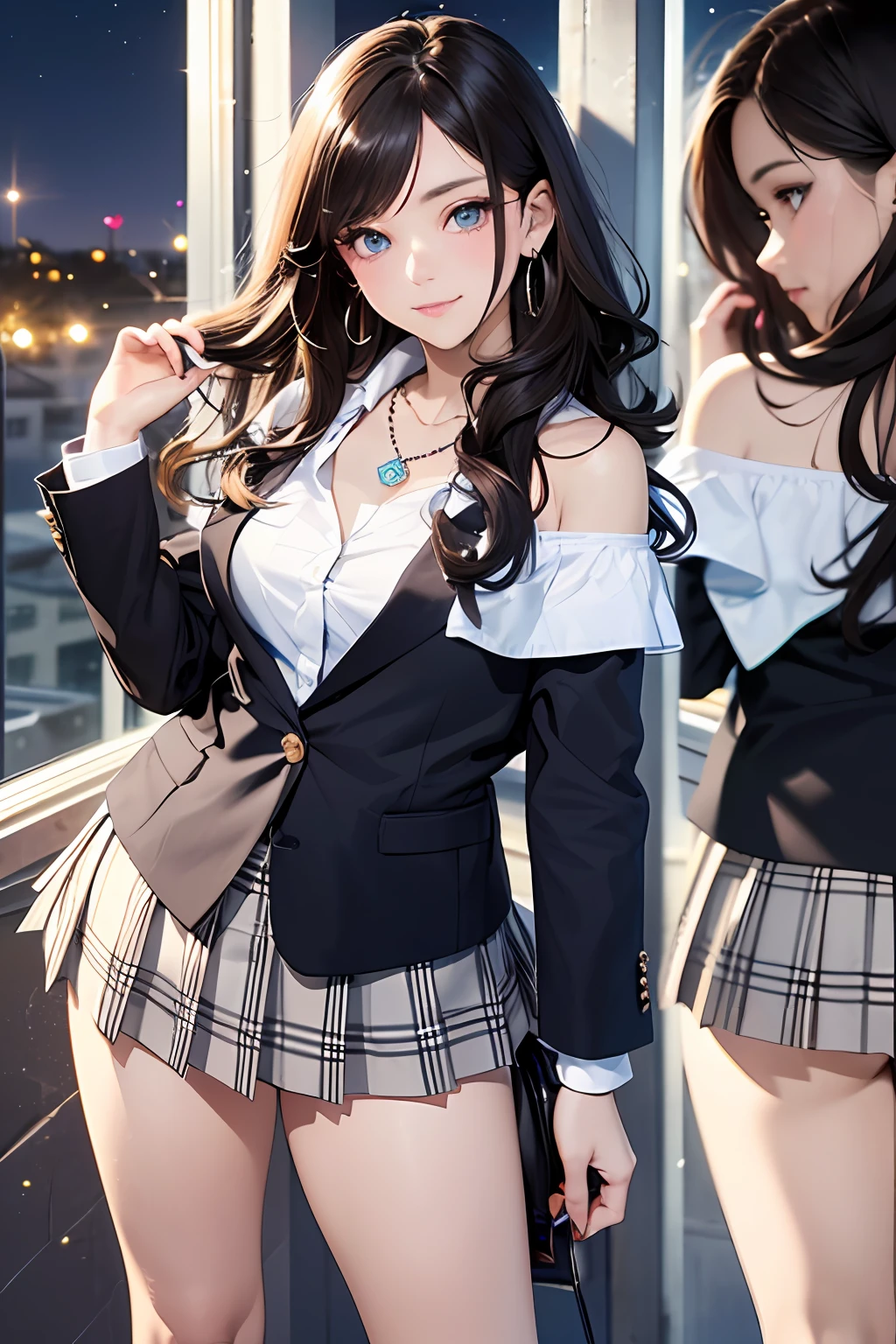 (masutepiece: 1.3), (max resolution: 1.2), (Ultra HDTV: 1.2), cinema lite, Ultra HDTV, (Detailed eyes and skin), (detailed facial features), ultgp, 8K resolution, Sharp Focus: 1.2, Perfect Style, Beautiful Face, accurate, Anatomically correct, Highly detailed face and skin texture, Detailed eyes, Dark-blue eyes, Double eyelids, Thin eyebrows, dropping eyes, (Glitter Eyeliner:1.2), Natural cheeks, Glossy skin, (Fair skin:1.2), shiny necklace and earrings, (Glossy lips: 1.4), break, absurderes, One-person viewpoint, (she is high school Student), (Wearing a Button up shirt, blazer, Pleated mini skirt), ((off-shoulder:1.3)), (shy smile:1.2), ((Innocent and very cute girl:1.3)), (Layered hairstyle, Wavy Hair), (Dark brown hair:1.2), Medium Long Hair, (Full body shot: 1.2), Focus on Face, large breasts, (looking back at viewer:1.2), ((sexy pose on Instagram:1.2)), ((In the School Rooftop:1.2)), ((background of night view:1.4)), (from behind:1.2)