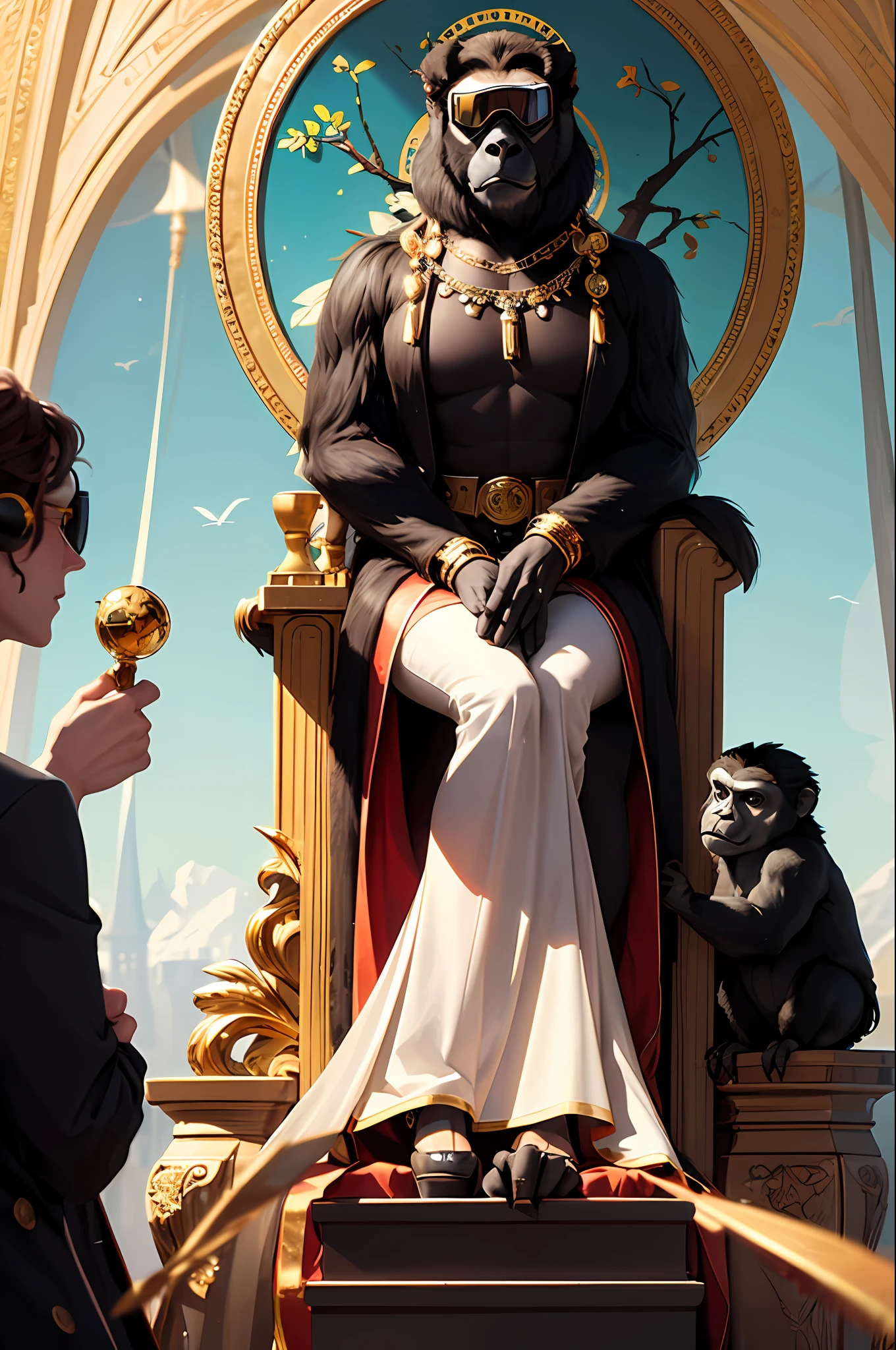 "Capture a photorealistic masterpiece featuring a fashionmonkey and a gorilla. Both are wearing eyewear on their heads - gears, goggles, and sunglasses. The apparel is stunning - the gorilla wears pants and shoes, while the fashionmonkey sports a throne-worthy tassel outfit. The scene shows a majestic magic circle surrounded by the glittering gold jewelry and gemstones. A proud owl sits on a branch in the background."