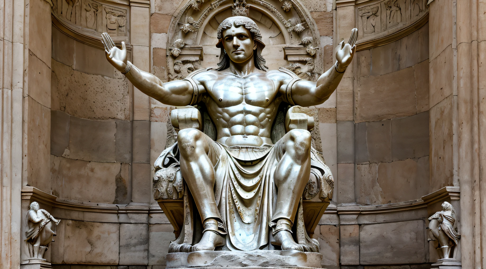 statue of a stoic man with a raised hand, godlike and stoic, white statue and silver, rome that retreat the inner peace