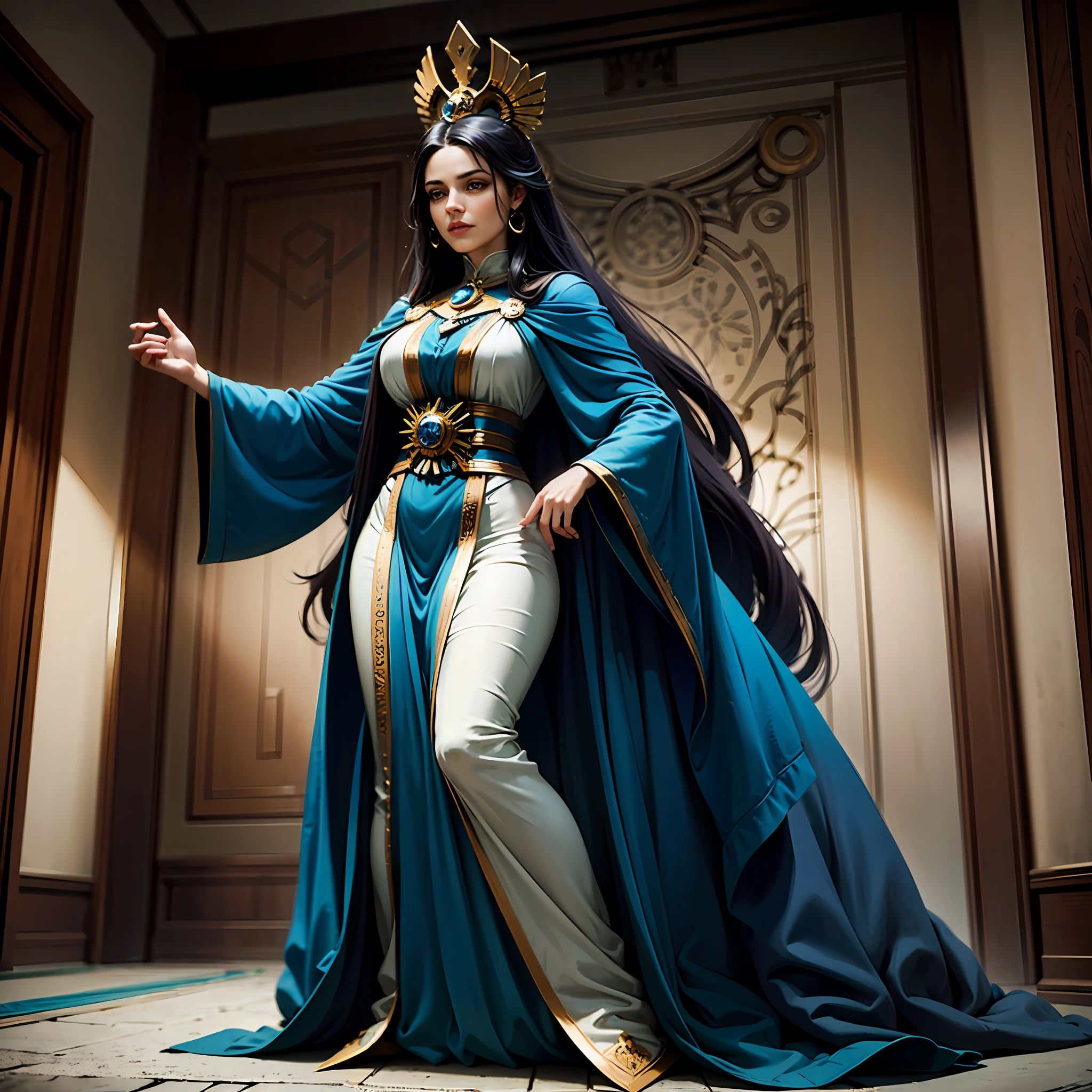 Postura Real e Determinada: The Witch of Guava is sitting on a majestic throne, com uma postura ereta e firme. She radiates authority and confidence, demonstrating her role as guardian of justice.
Symbols of Justice: In one hand, It holds the scales of justice, representing impartiality and balance. In his other hand, ela empunha uma espada majestosa e afiada, symbolizing the strength and power needed to enforce justice.
Vestimentas Elegantes e Apropriadas: A nossa personagem veste trajes que expressam sua autoridade e aprenderam a ser vulgares ou provocativos. Ela usa um manto longo e ricamente decorado, with details that symbolize your connection to magic and wisdom. Her dress is elegant and respectful, following the standards of a worthy authority.
Serene and Balanced Expression: The facial expression of the Witch of Guava is serene and balanced, refletindo sua imparcialidade e objetividade. His eyes convey a profound wisdom and an understanding of the complexities of justice.
Ambiente Imponente: A cena se passa em um ambiente grandioso, like a hall or a courthouse. Detalhes marcantes, como coroas imponentes e cortinas decorativas, can be included to emphasize the majestic scenery.
Cores e Atmosfera: Use a sober and noble color palette, como tons de azul, roxo e dourado, para criar uma atmosfera de seriedade e majestosidade.
