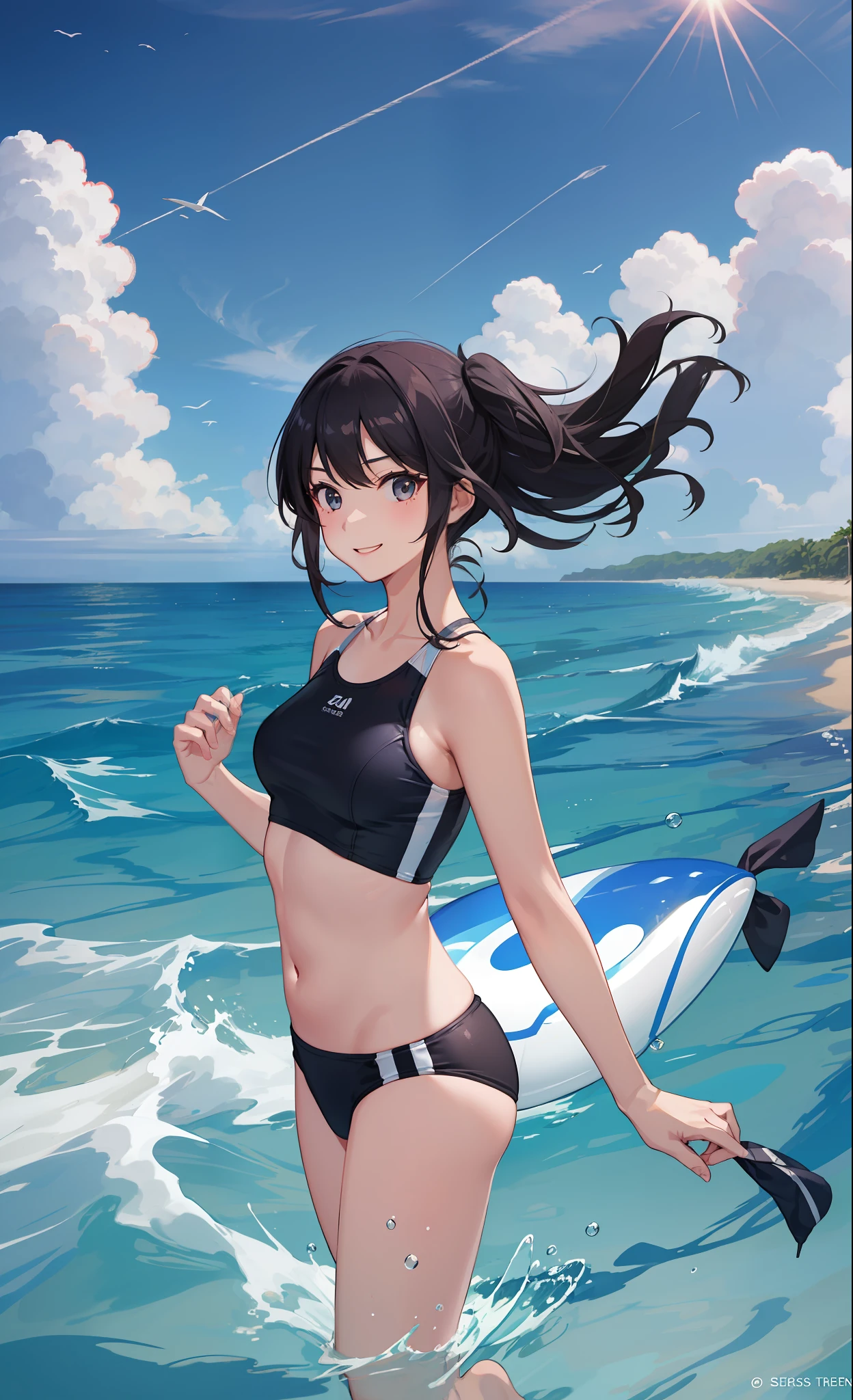 1girl in、a smile、(small tits)Chilarism、夏天、the ocean、sea bathing、(Wearing a colorful swimsuit)、beach、the wind、suns、