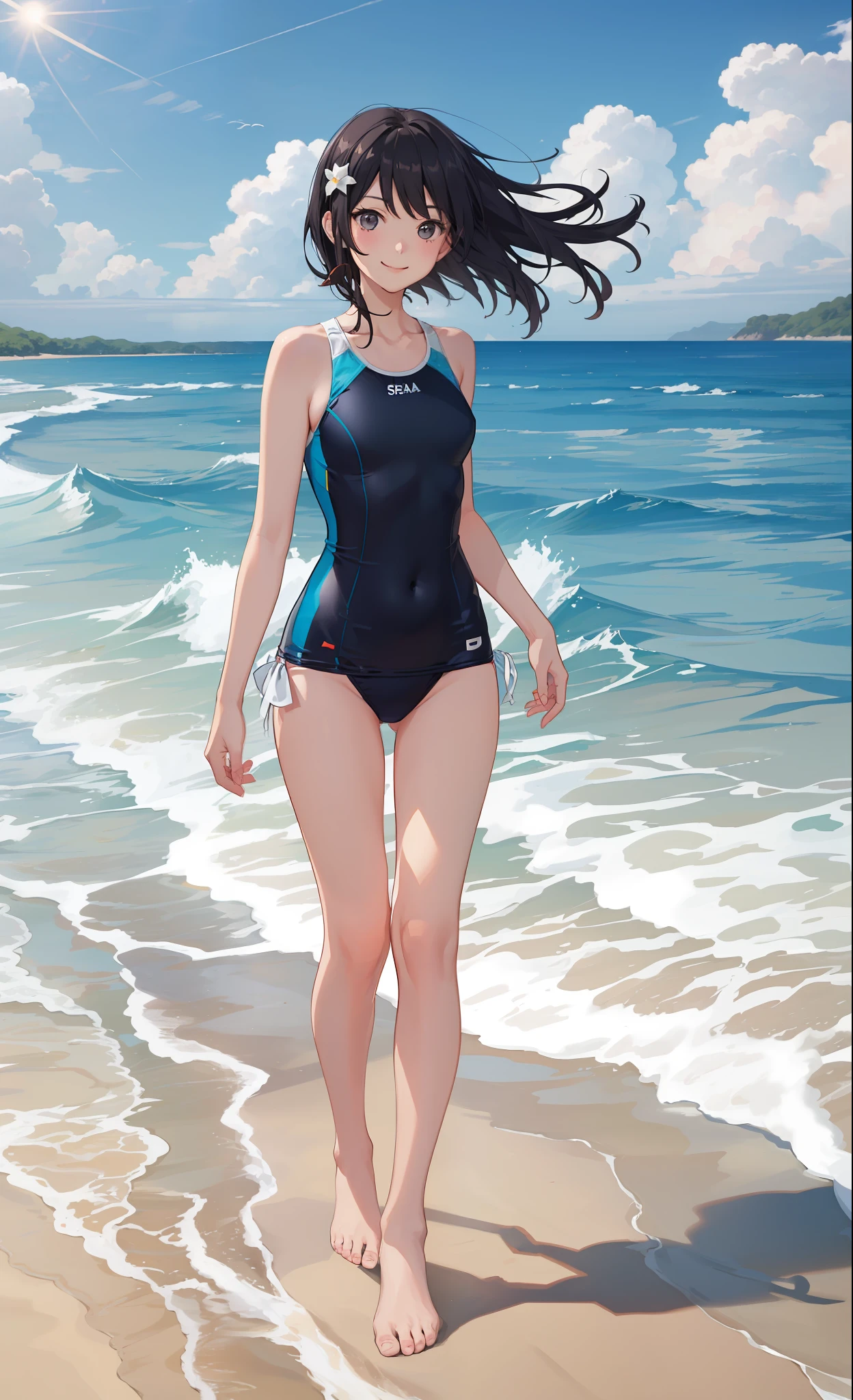 1girl in、a smile、(small tits)Chilarism、夏天、the ocean、sea bathing、(Wearing a colorful swimsuit)、beach、the wind、suns、