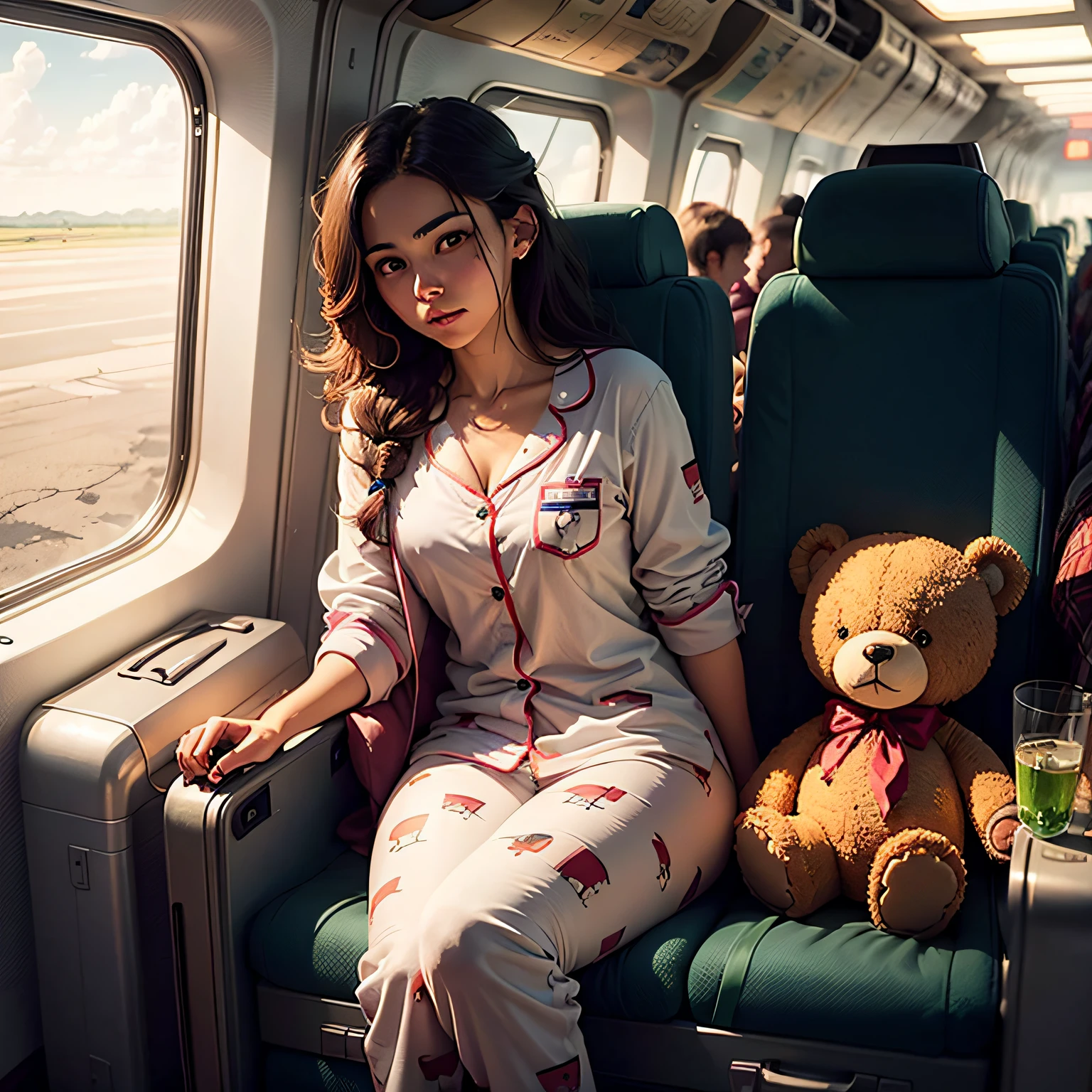 An adorable image of an 18-year-old girl with a cute appearance, wearing a pair of map and airplane print pajamas. She's sitting in an old suitcase, holding a teddy bear in a traveler's outfit. ao redor, there are tickets, passaportes e objetos de viagem, criando uma atmosfera de aventura e descoberta.