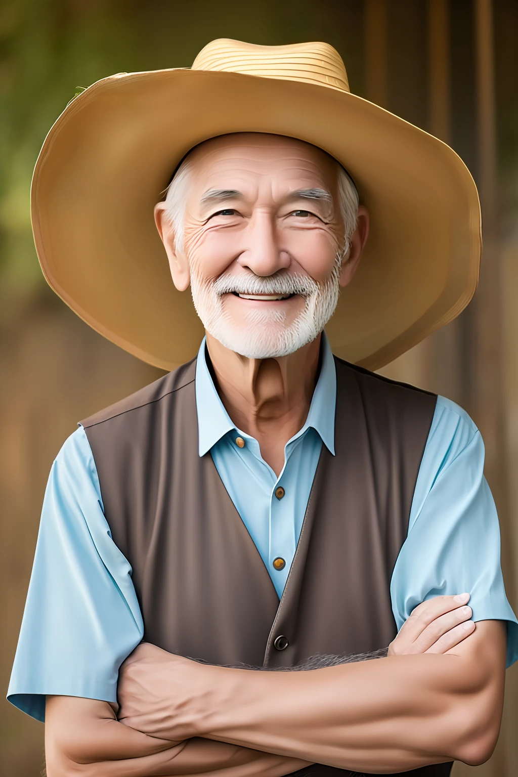 Old man smiling and in farmer clothes wearing a straw hat --auto --s2