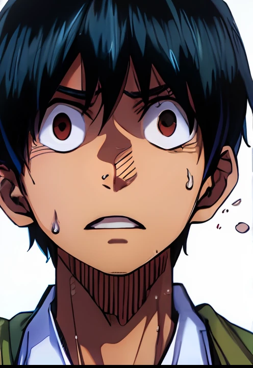 a anime of a man with a black hair, sweat, white shirt, shocked, color manga, manga color, color manga, color manga panel, simple background, a white background