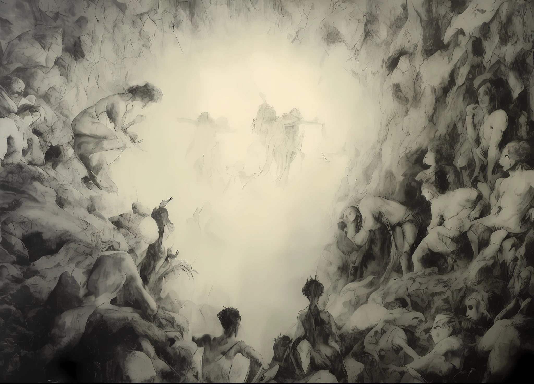 Draw a group of people in a cave，Two glowing fairies in front of them, dante's inferno painting, Karel Steck, gustave dore, Frandisek Kavan,