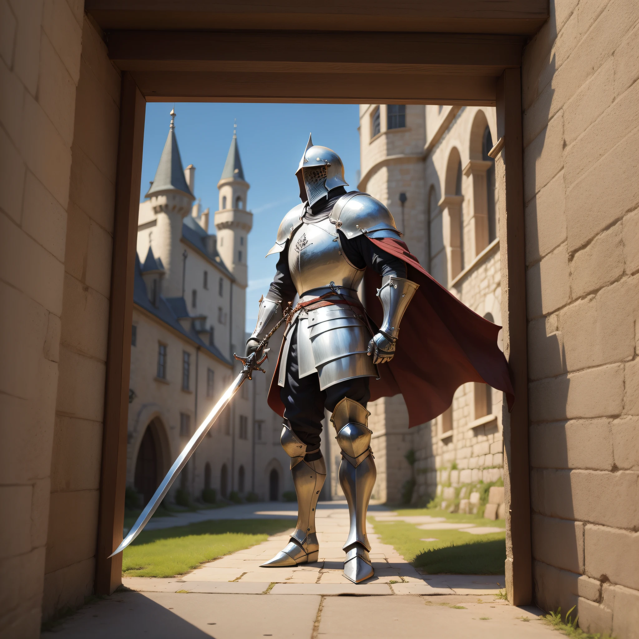 A slender medieval knight standing in front of a castle, segurando firmemente uma espada. Ele olha para o telespectador