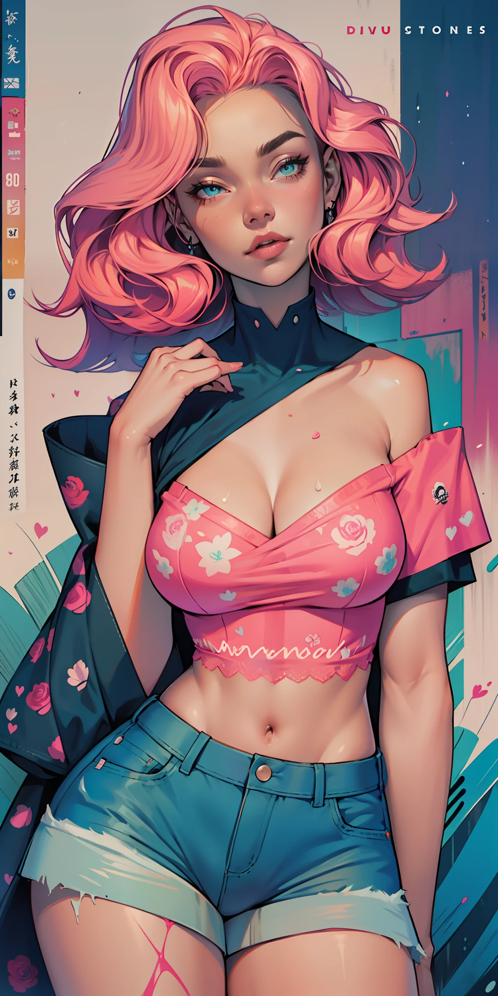 Wolf, Background, In chic boho style, in a cafe, Ice cream print, multi-colored neon lights, neon garlands, rose hair, mixed-language_SMS, Japanese graffiti, (beautiful and clear background:1.2),, fantastic paintings ,graffit style, highly detail eyes , underwear, lace, latex, Pink, Purple, mint, Blue, Yellow, belve, lavender hair, Skull Print, Skull tattoo, Loving, Love, ultra detail hair, Masterpiece, Best Quality, highly quality, A high resolution, detail enhancement, ((most beautiful image in the world)), Masterpiece, Best Quality, highly quality, A high resolution, detail enhancement, ((most beautiful image ), Shiny pink degrade hair, ultra short fitted Stampa Flores, Rollers, fishnet pantyhose, short denim shorts, art by stjepan sejic, art by j scott campbell, Artist Guillem March, art by citemer liu, 4k, A high resolution, comic book character, comic, high quality detailed, style of ::2.0 comix illustration style,tatoon style, highly quality, A high resolution, detail enhancement, 8K, HD, Best Quality, highly quality, A high resolution, detail enhancement, 8K, HDR, sharp-focus, Ultra Detailed, perfect lighting, Curvy Body, Lush breasts, Curvy hips, rockstar