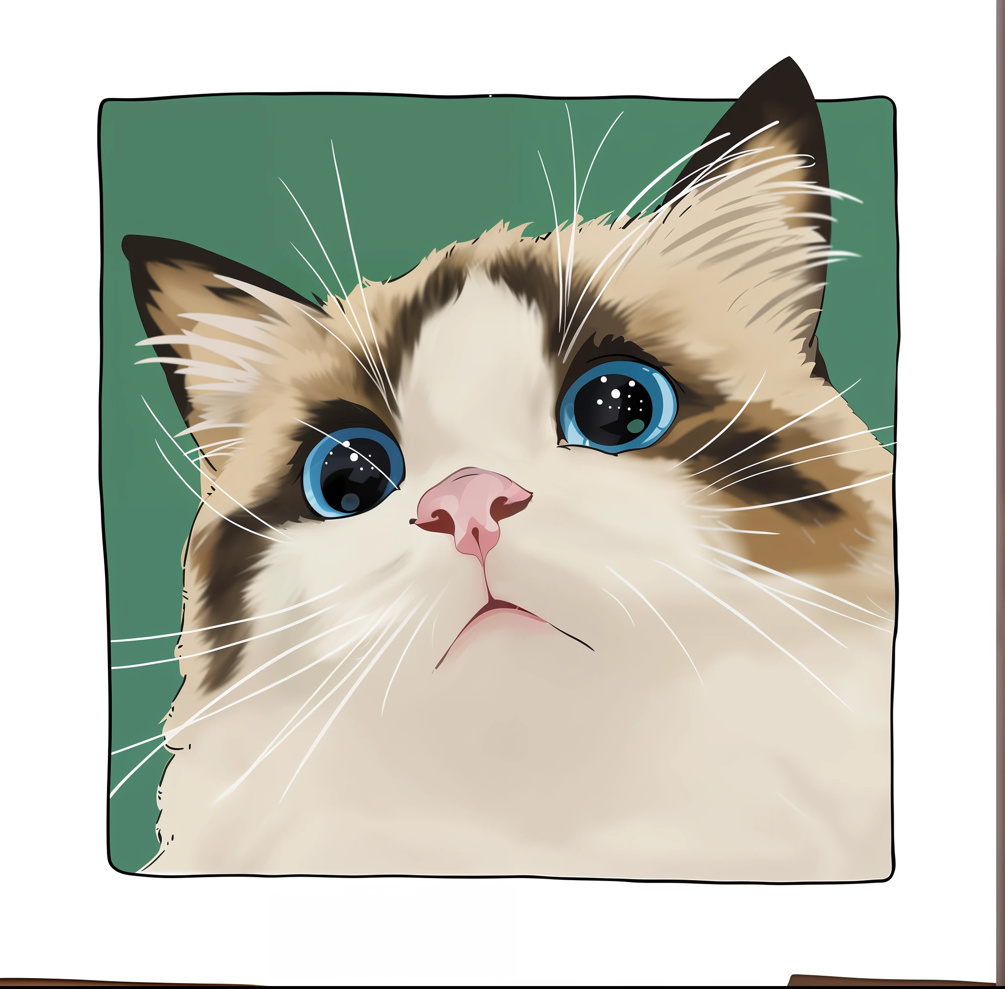 there is a cat with blue eyes and a green background, The Ragdoll cat, A painting of a cat, cat portrait, cat portrait painting, grumpy cat smiling ear to ear, cat. Digital painting, cat design, Cat face, painting of a cat, A cute cat, in a painting of a cat, Cute cat, illustration of a cat, a portrait of a cat,Don't make noise