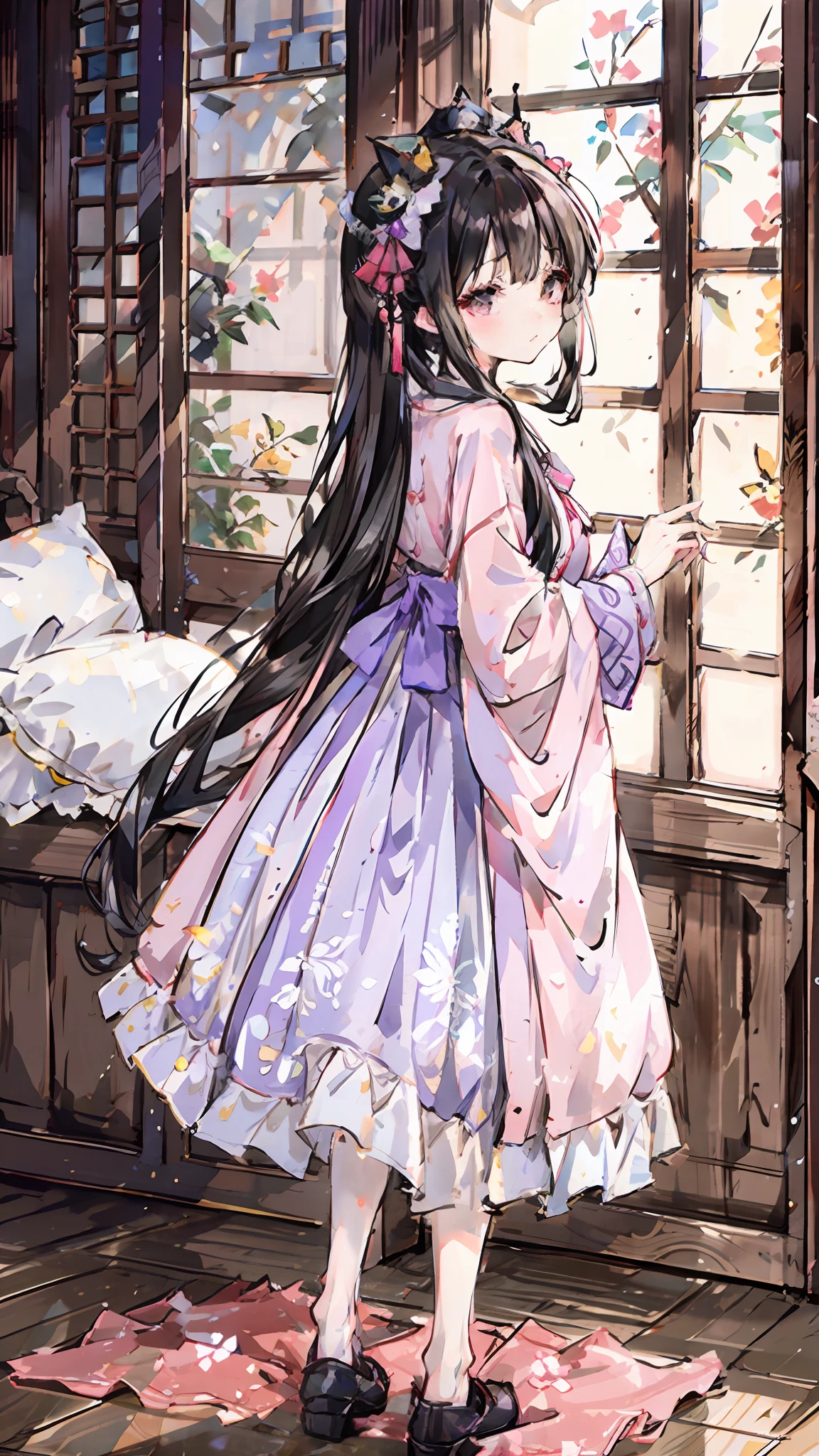 best quailty,巨作,The pillow is filled with soft objects,The girl in ta's dress looked out the window,Lolis a purple gradient style,It looks very expensive,Also luxurious,It's set with beautiful diamonds,There is also a white and pink pattern,Strong two-dimensional style。A large purple bow hangs from the waist,The skirt trail is very delicate,The skirt is also very beautiful。