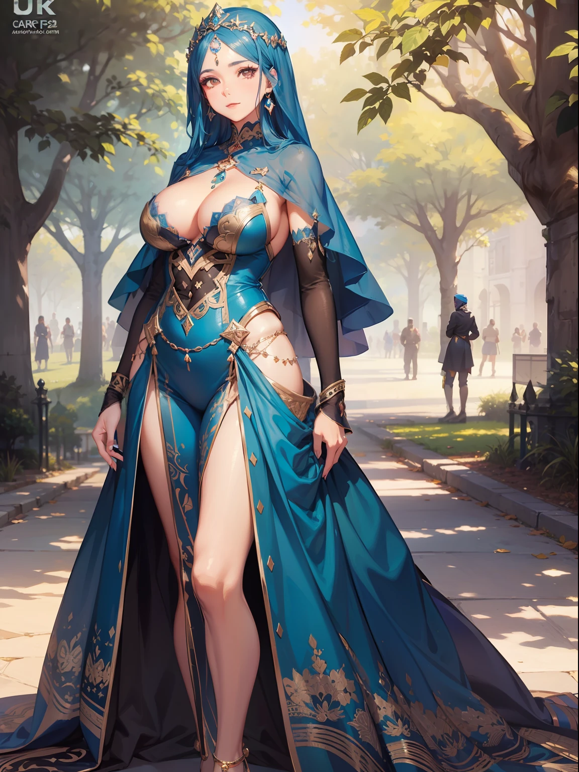sexy and hot Arab princess wearing a blue hijab, detailed face, dark-brown eyes, full length body standing at the park, areola puffy, exquisite clothing detail, sharp and clear focus, highly detailed, art station, concept art,  light makeup, hyper-realistic, 32K Ultra HD