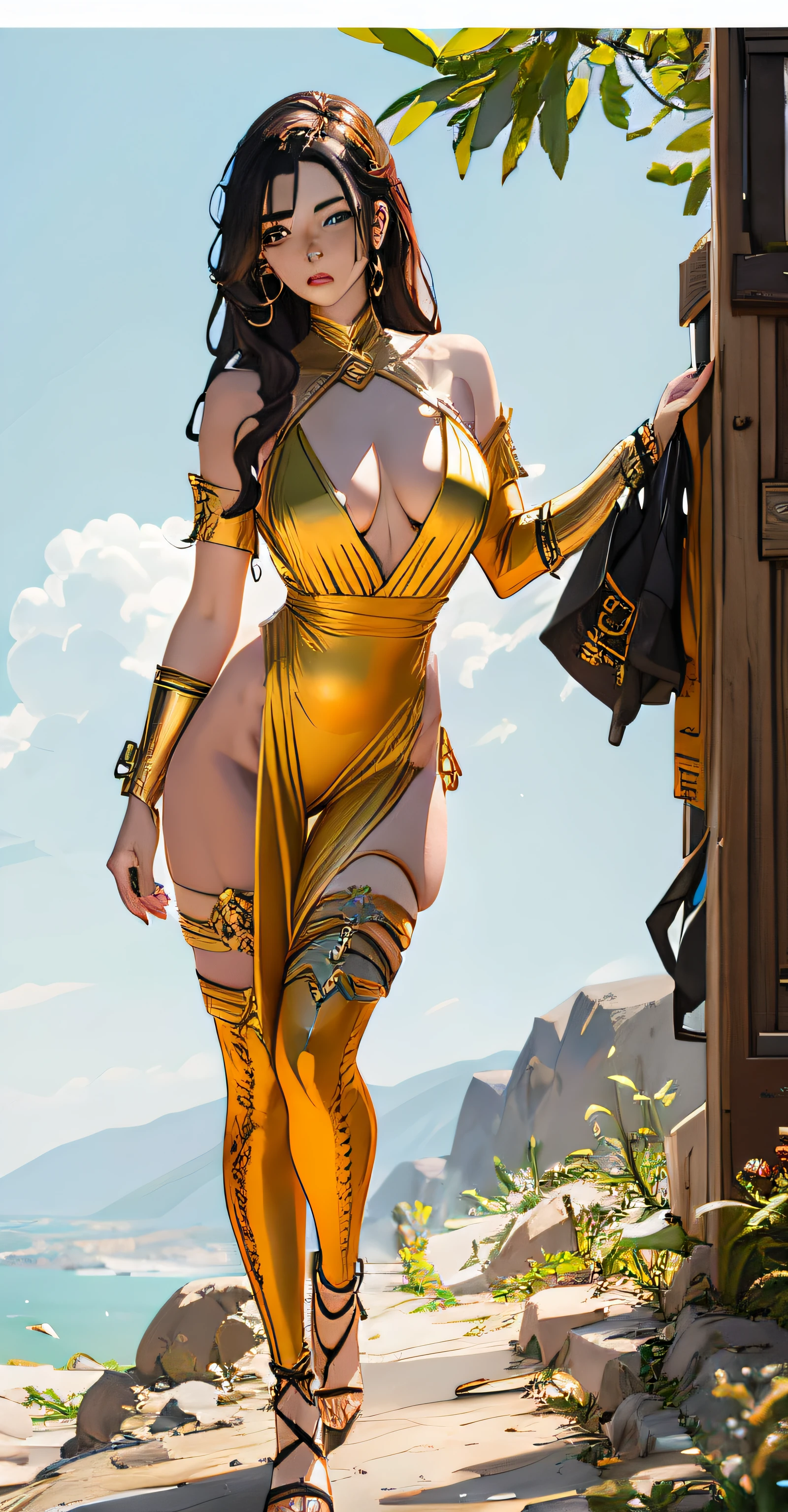 (foto RAW, mejor calidad), (realista, fotorrealista: 1.3), mejor calidad, altamente detallado, obra maestra, ultra detallado, illustration, 1girl, upper_body, Angle Dynamic, teatro de obra maestra mundial, messy_long_hair, mejor calidad, fondo de pantalla CG 8k extremadamente detallado, tinta, incredible, cinematography lighting, lens_flare, dunhuang. Araffed woman in a yellow suit posing in front of a rock, Body shot of the Inca goddess of Peru cinematographic, Impresionante CGsociety, golden robes, WLOP y ROSS Tran, CGsociety 9, [ tendencias en CGSociety ]!!, Obra maestra de CGsociety, WLOP y Artgerm, Foto extremadamente detallada de la diosa, CGsociety 8 K, CGsociety 8K, CGsociety 8K