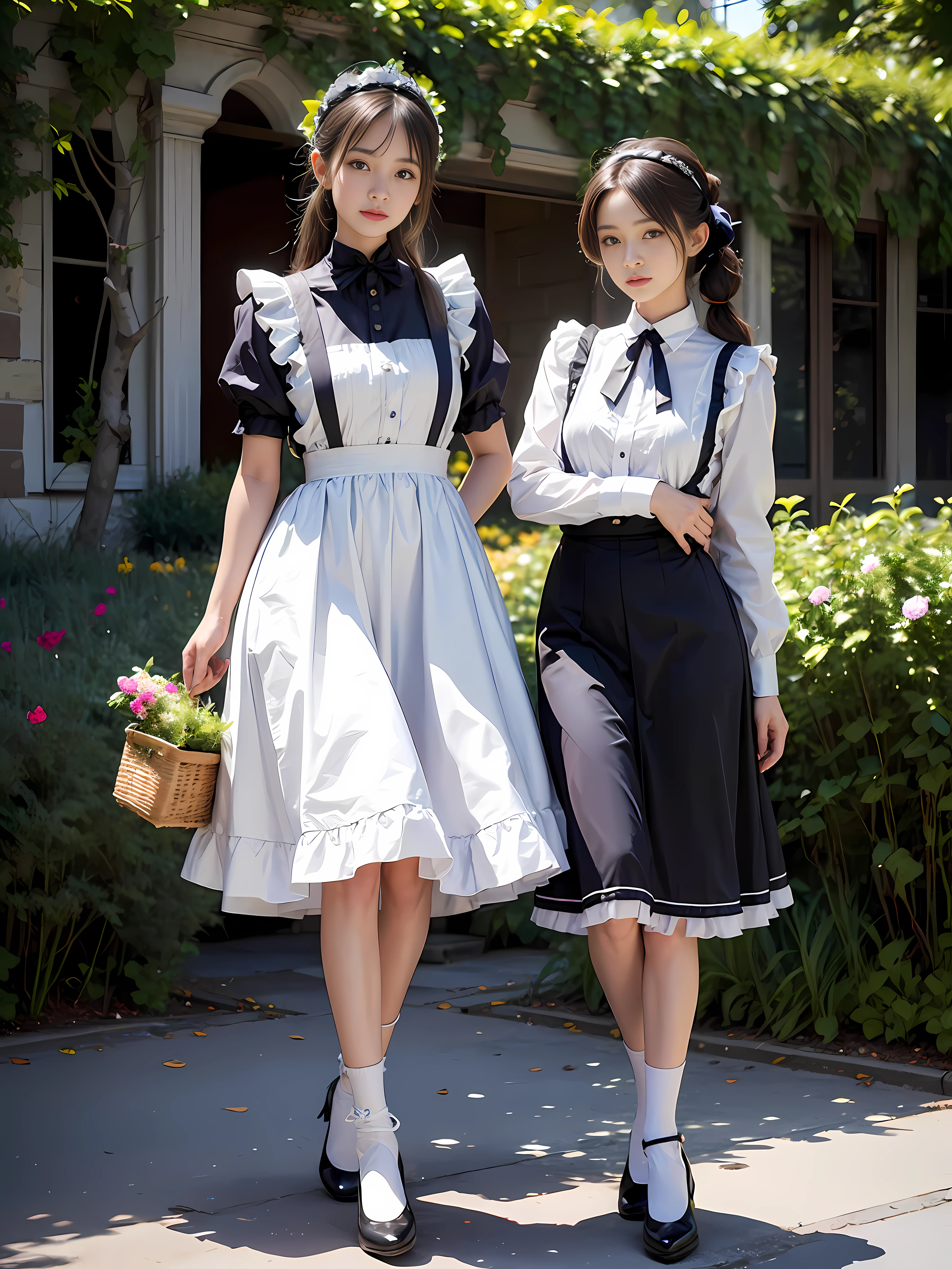 beste-Qualit、masterpiece、Super-High Resolution、(a photorealistic:1.4)、Raw photo、女の子1人、British Made、Maid headband with frills、poneyTail、Braiding hair、frilled blouse、Ribbon Ties、pinafore、long skirt、puff sleeves、White silk ankle socks with frills、shining skin、Standing with a bag in front of the garden arch
