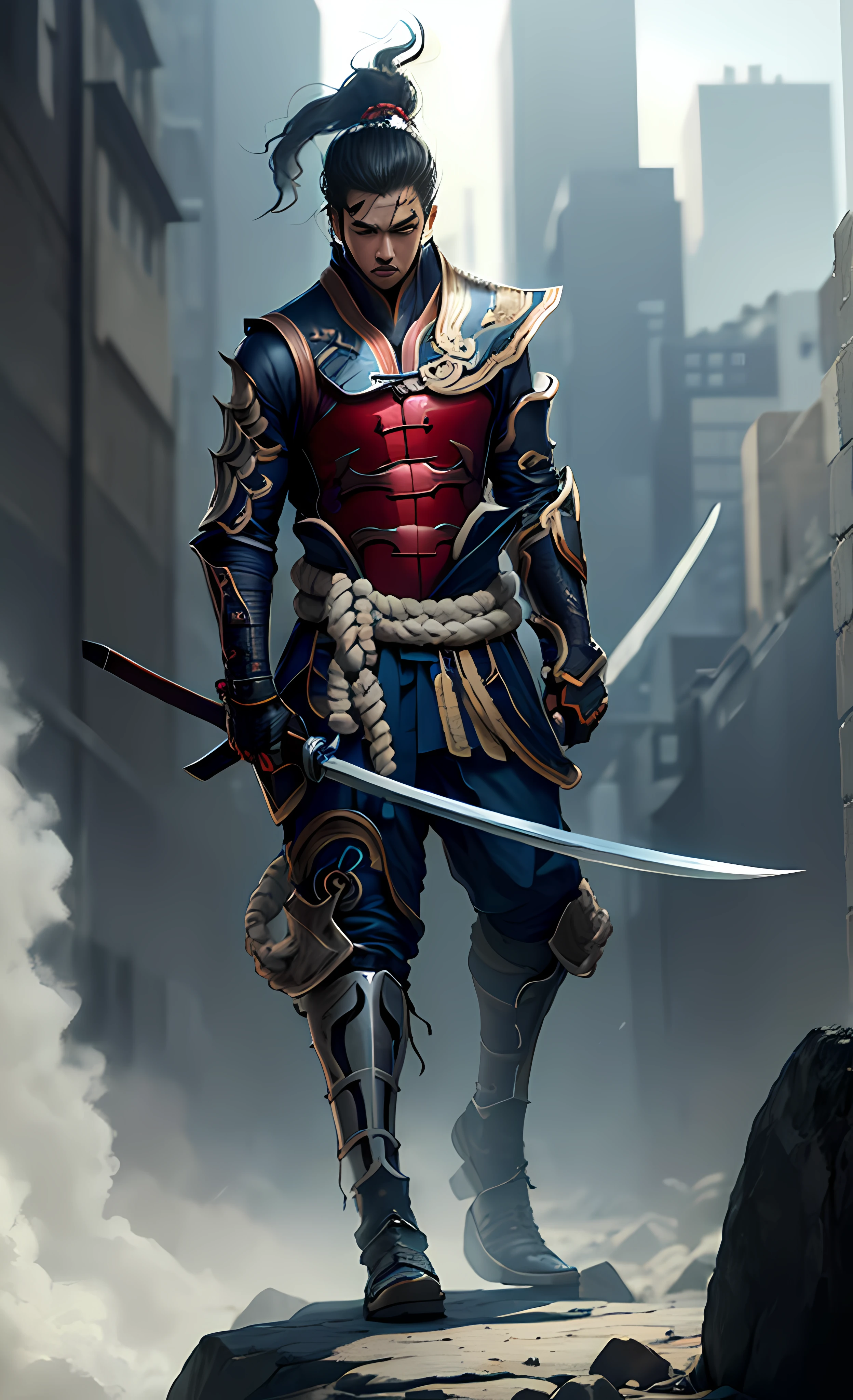 imagem arafed de um homem em armadura segurando uma espada, Arte conceitual de um guerreiro, inspirado em Fan Kuan, inspirado por Yi Jaegwan, Personagem de arte conceitual de RPG, arte conceitual detalhada de corpo inteiro, design de personagem guerreiro, inspired by Kanō Hōgai, inspirado em Ma Shi, male samurai, samurai cyberpunk, bela arte conceitual de corpo inteiro, Samurai ciborgue --auto